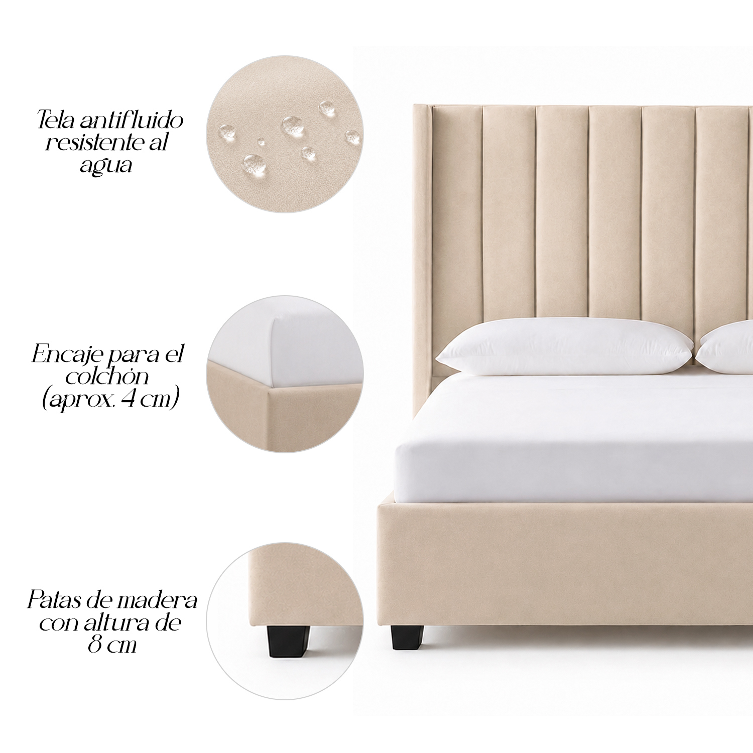 CAMA LEMUEBLE TAPIZADA LISTÓN CON PATAS DE MADERA QUEEN BEIGE - 4
