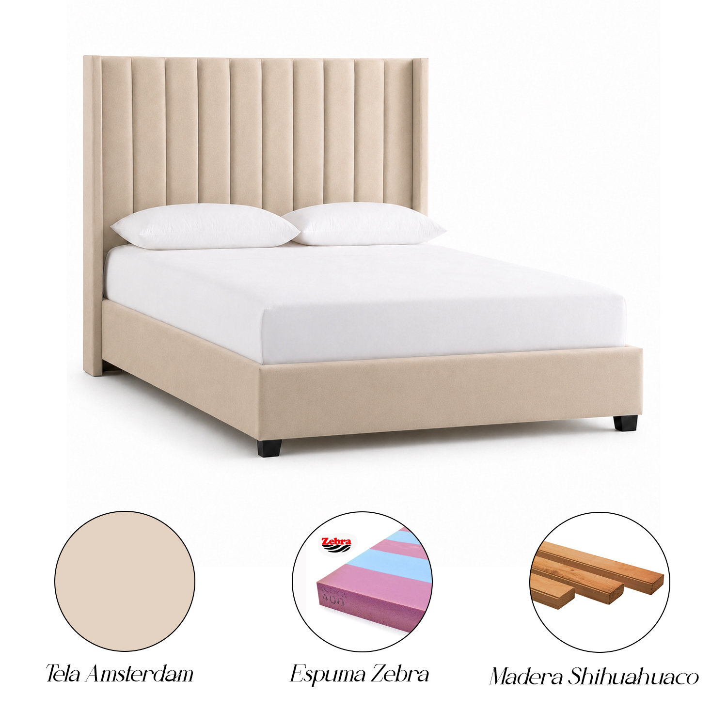 CAMA LEMUEBLE TAPIZADA LISTÓN CON PATAS DE MADERA QUEEN BEIGE - 5