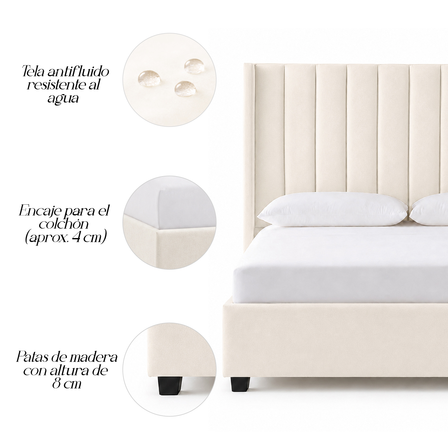 CAMA TAPIZADA LEMUEBLE LISTÓN CON PATAS DE MADERA 1.5 PLZ IVORY - 4