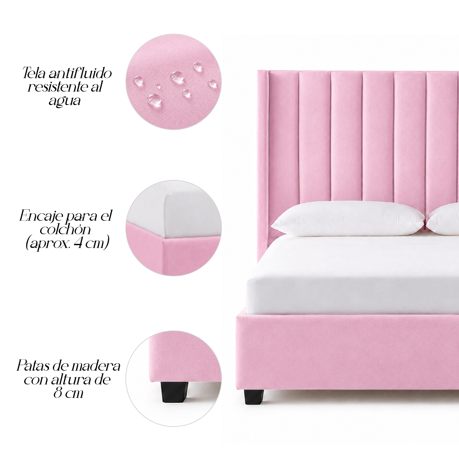 CAMA TAPIZADA LEMUEBLE LISTÓN CON PATAS DE MADERA 1.5 PLZ ROSA - 4