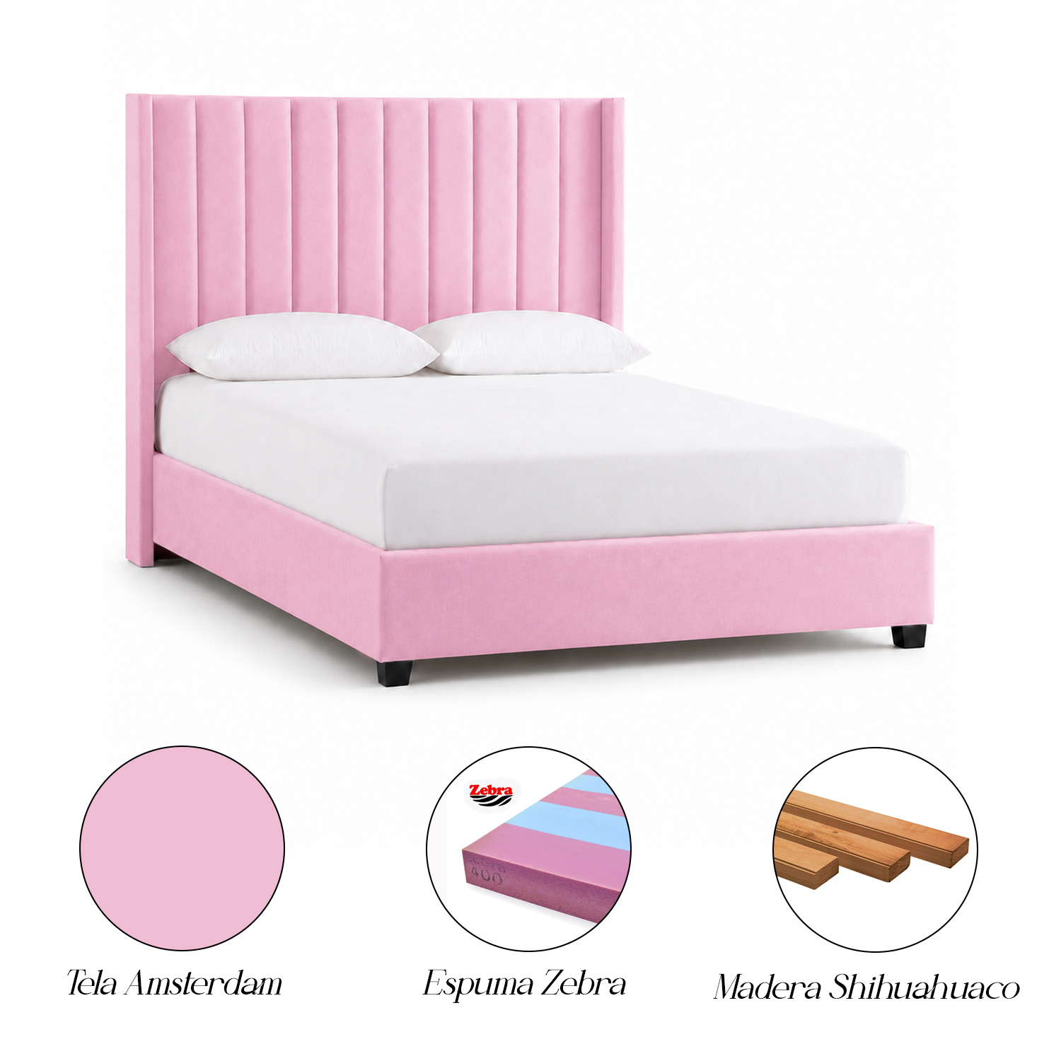 CAMA TAPIZADA LEMUEBLE LISTÓN CON PATAS DE MADERA 2 PLAZAS ROSA - 5