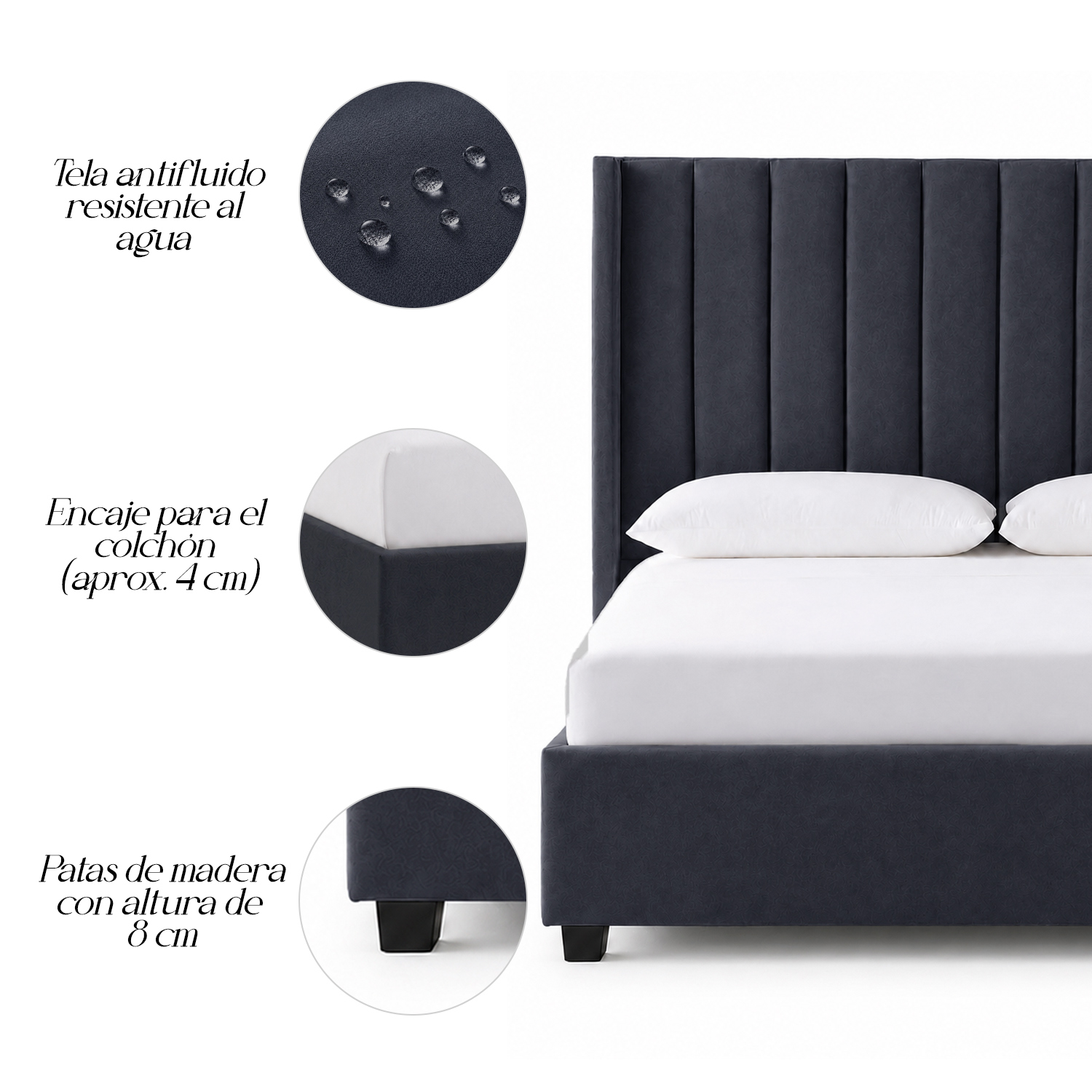 CAMA TAPIZADA LEMUEBLE LISTÓN CON PATAS DE MADERA 2 PLAZAS GRIS OSCURO - 4