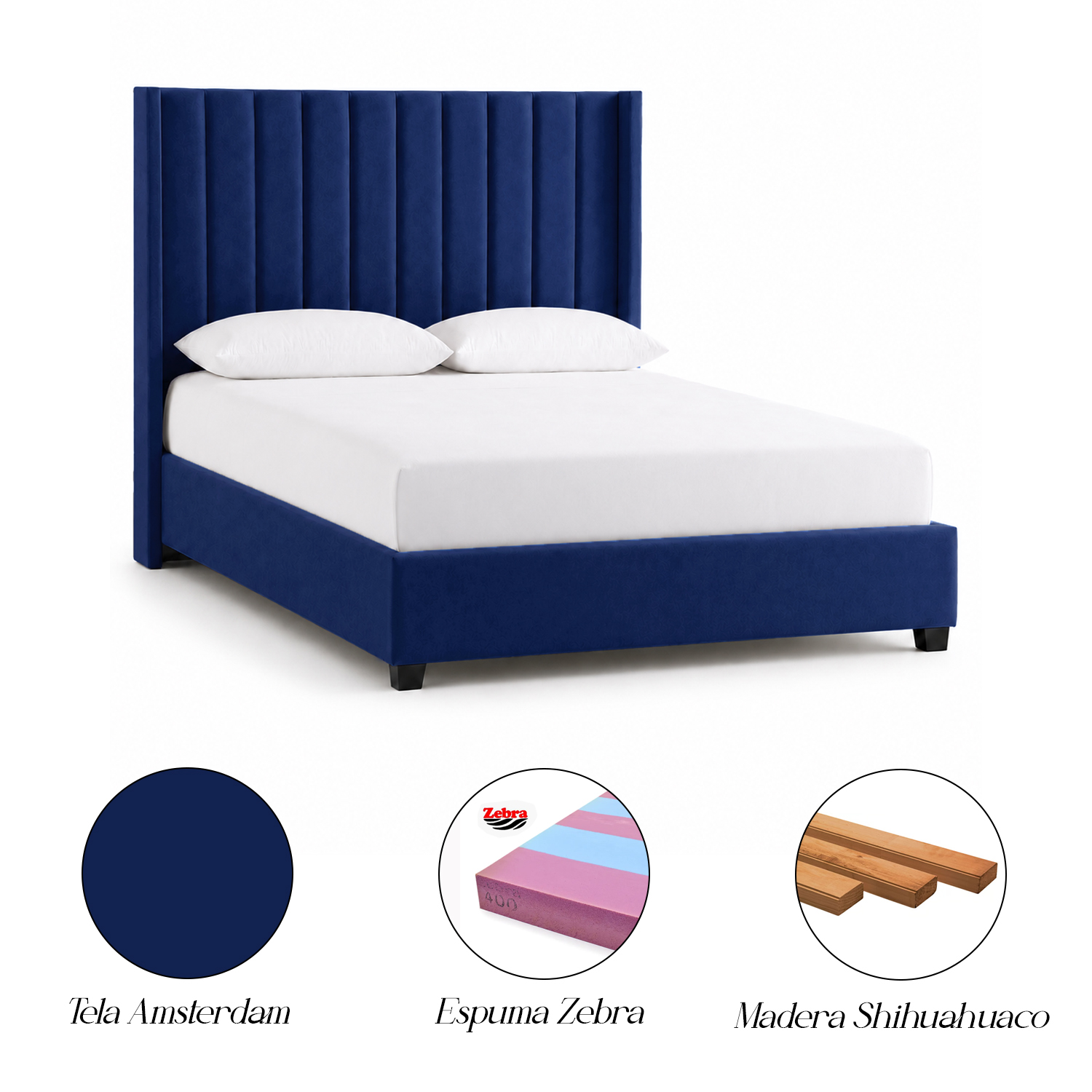 CAMA TAPIZADA LEMUEBLE LISTÓN CON PATAS DE MADERA 1.5 PLZ AZUL - 5