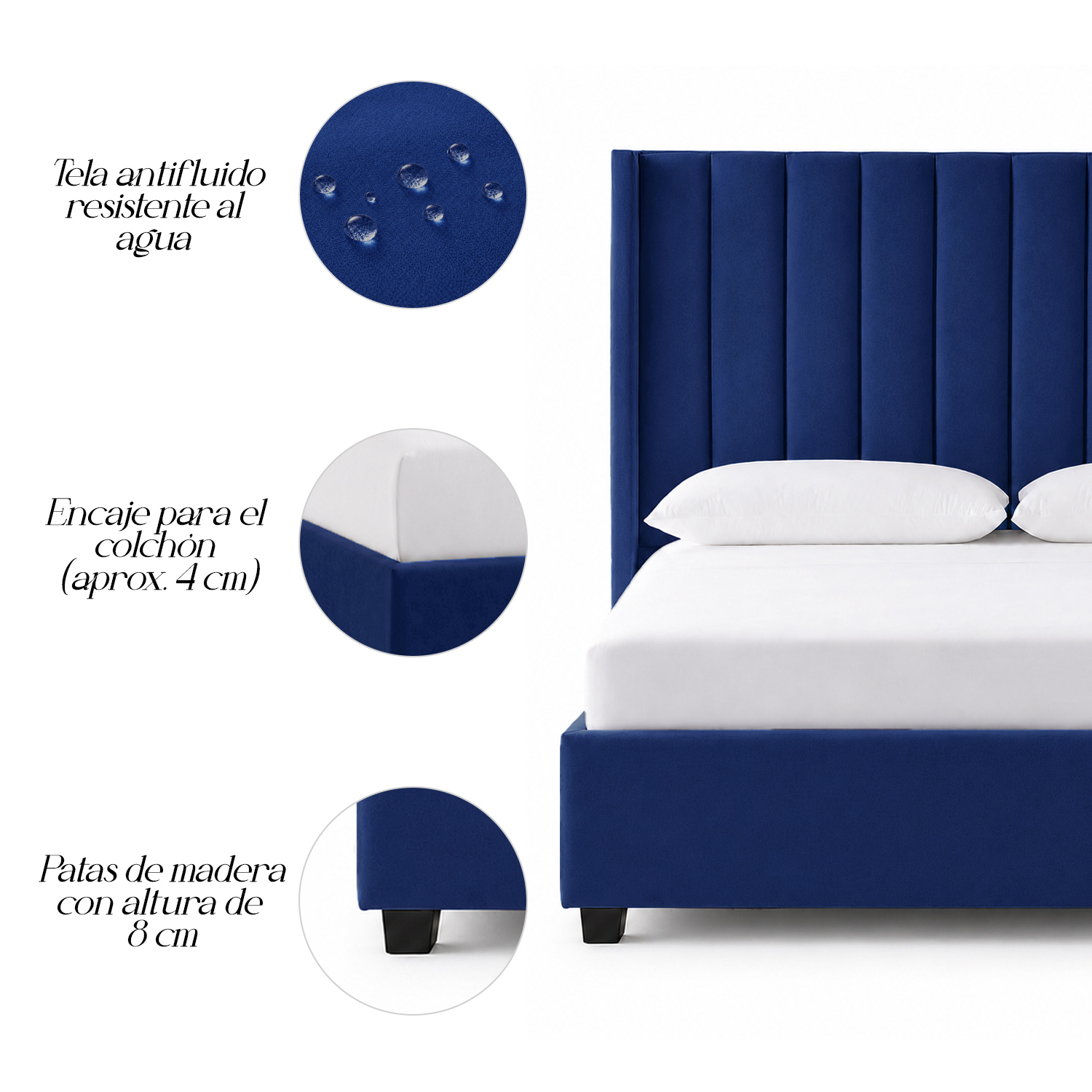 CAMA TAPIZADA LEMUEBLE LISTÓN CON PATAS DE MADERA 2 PLAZAS AZUL - 4