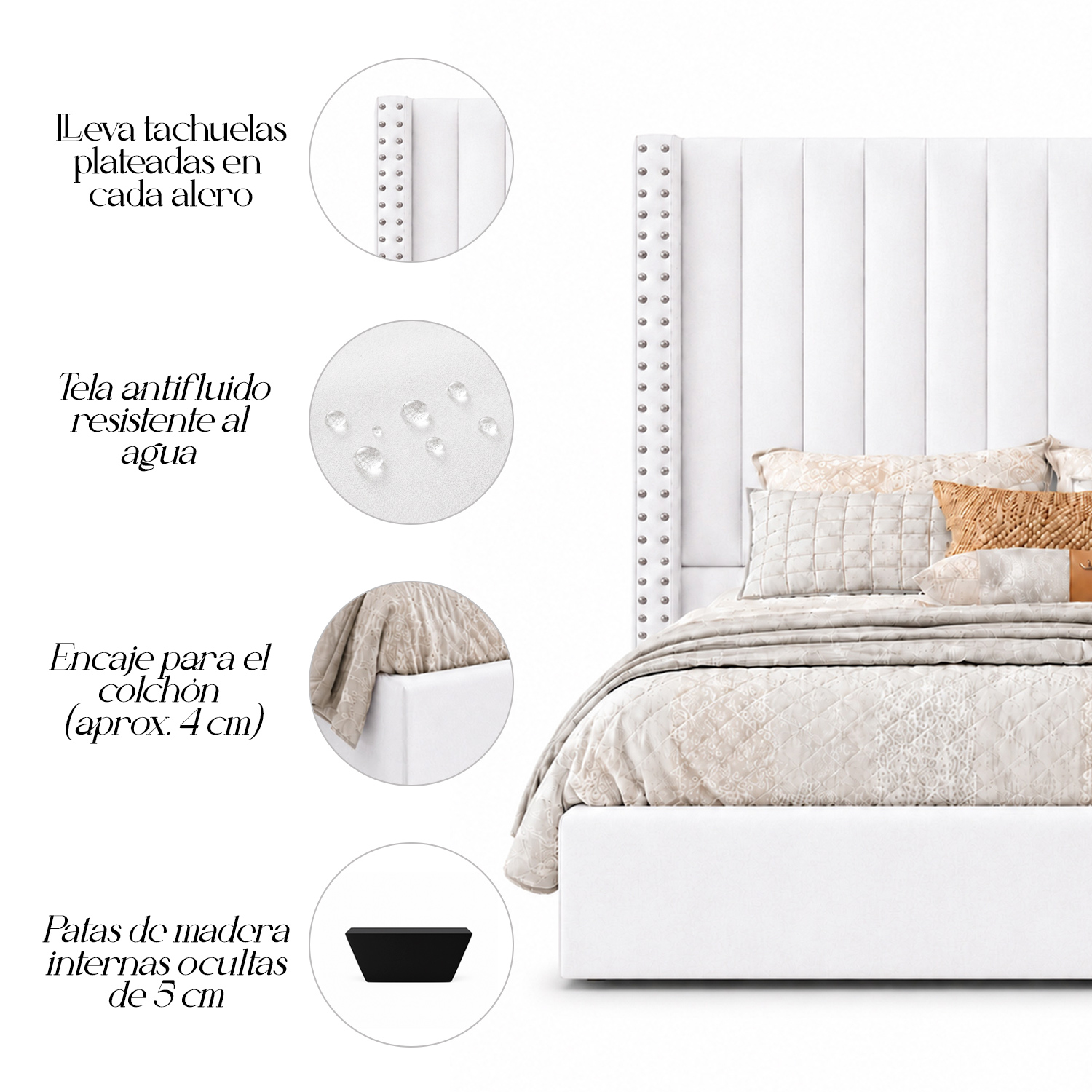 CAMA TAPIZADA LISTÓN CON TACHUELAS LEMUEBLE 1.5 PLZ CRUDO CLARO - 4