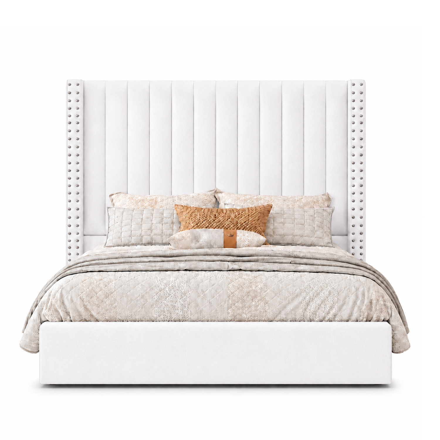 CAMA TAPIZADA LISTÓN CON TACHUELAS LEMUEBLE QUEEN CRUDO CLARO - 1