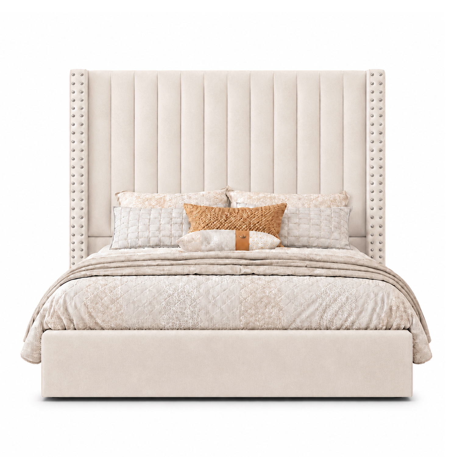 CAMA TAPIZADA LISTÓN CON TACHUELAS LEMUEBLE 1.5 PLZ BEIGE - 1