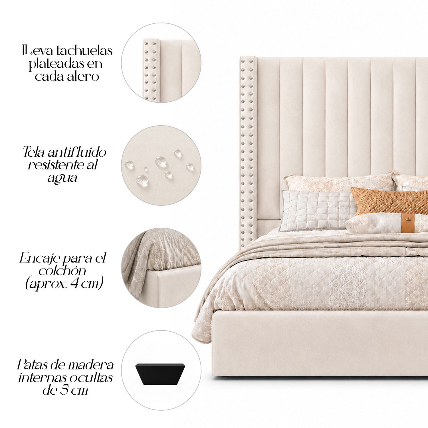 CAMA TAPIZADA LISTÓN CON TACHUELAS LEMUEBLE 2 PLAZAS BEIGE - 4