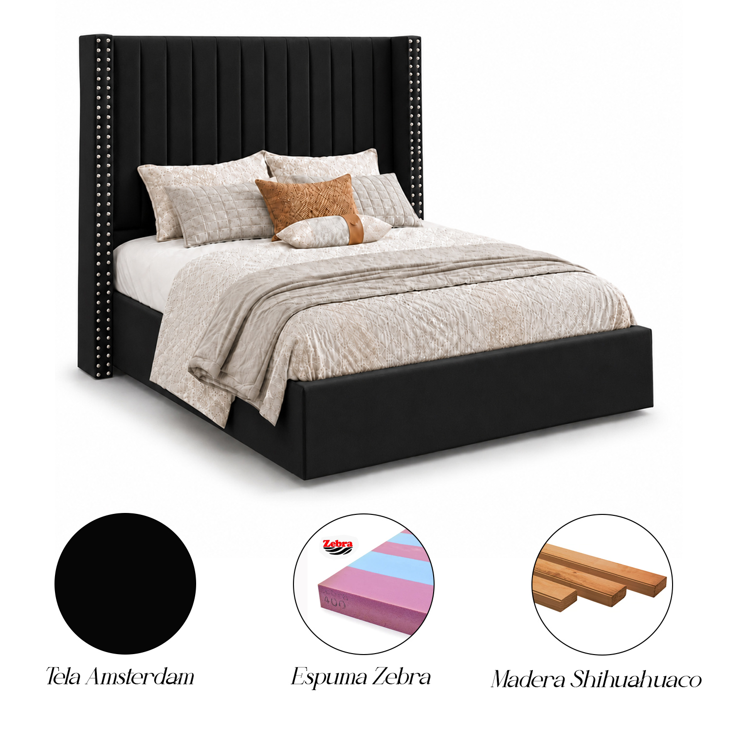 CAMA TAPIZADA LISTÓN CON TACHUELAS LEMUEBLE 1.5 PLZ NEGRO - 5