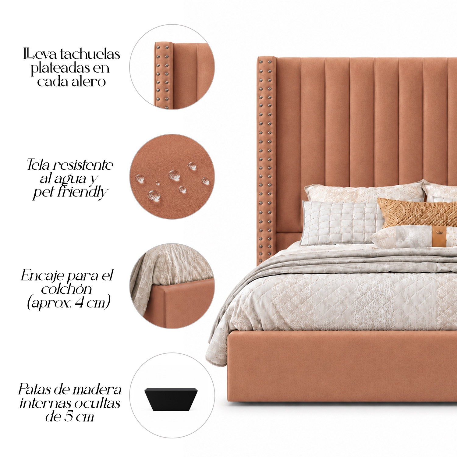 CAMA TAPIZADA LISTÓN CON TACHUELAS LEMUEBLE QUEEN DURAZNO - 4