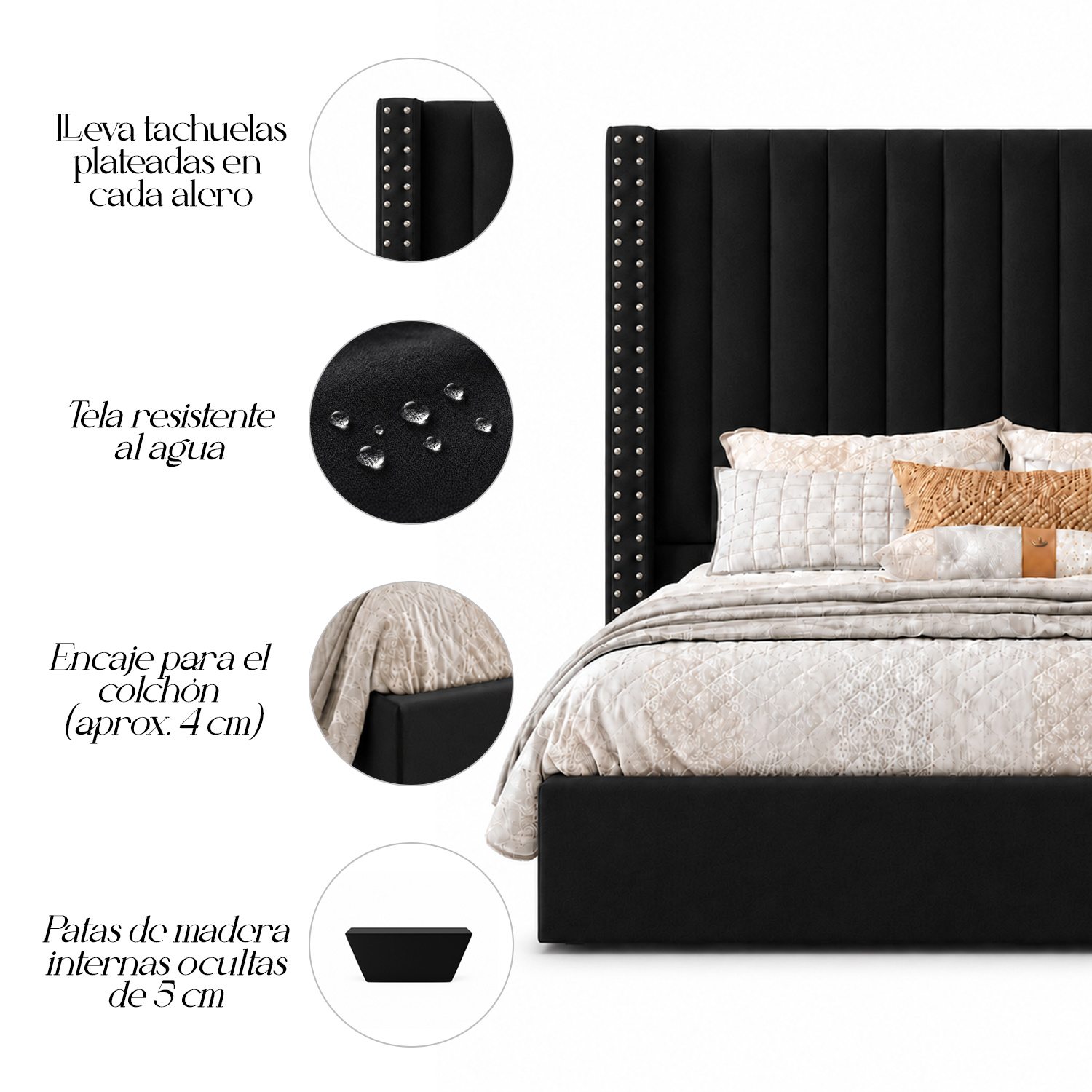 CAMA TAPIZADA LISTÓN CON TACHUELAS LEMUEBLE 2 PLAZAS NEGRO - 4
