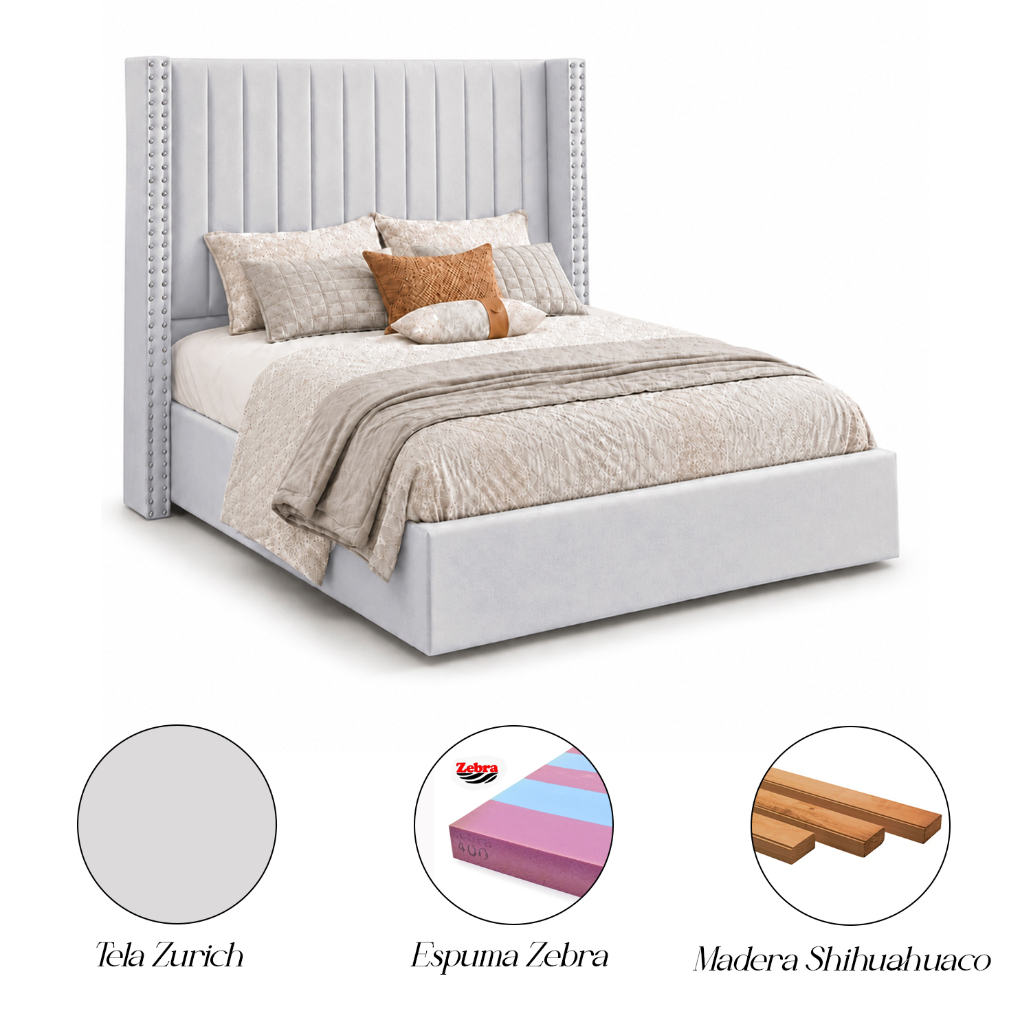 CAMA TAPIZADA LISTÓN CON TACHUELAS LEMUEBLE QUEEN PLATA - 5