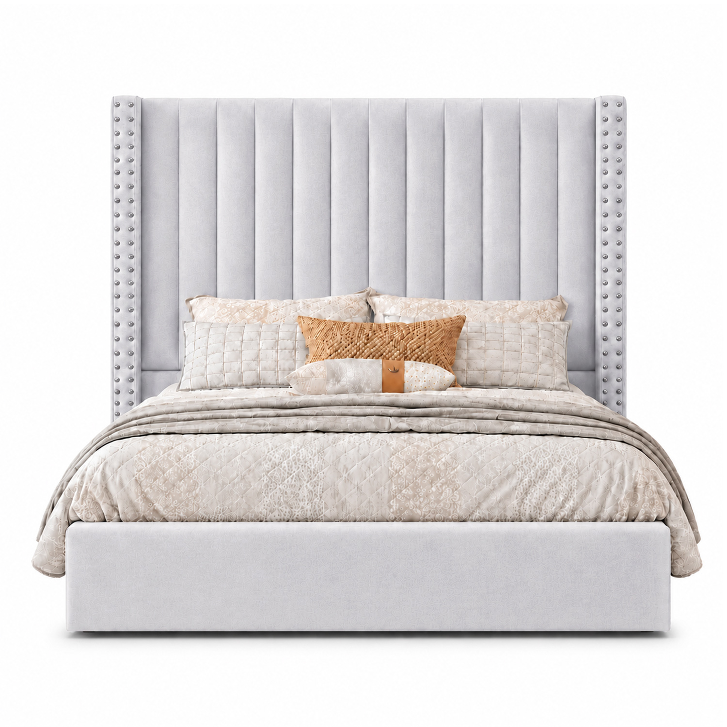CAMA TAPIZADA LISTÓN CON TACHUELAS LEMUEBLE 2 PLAZAS PLATA - 1