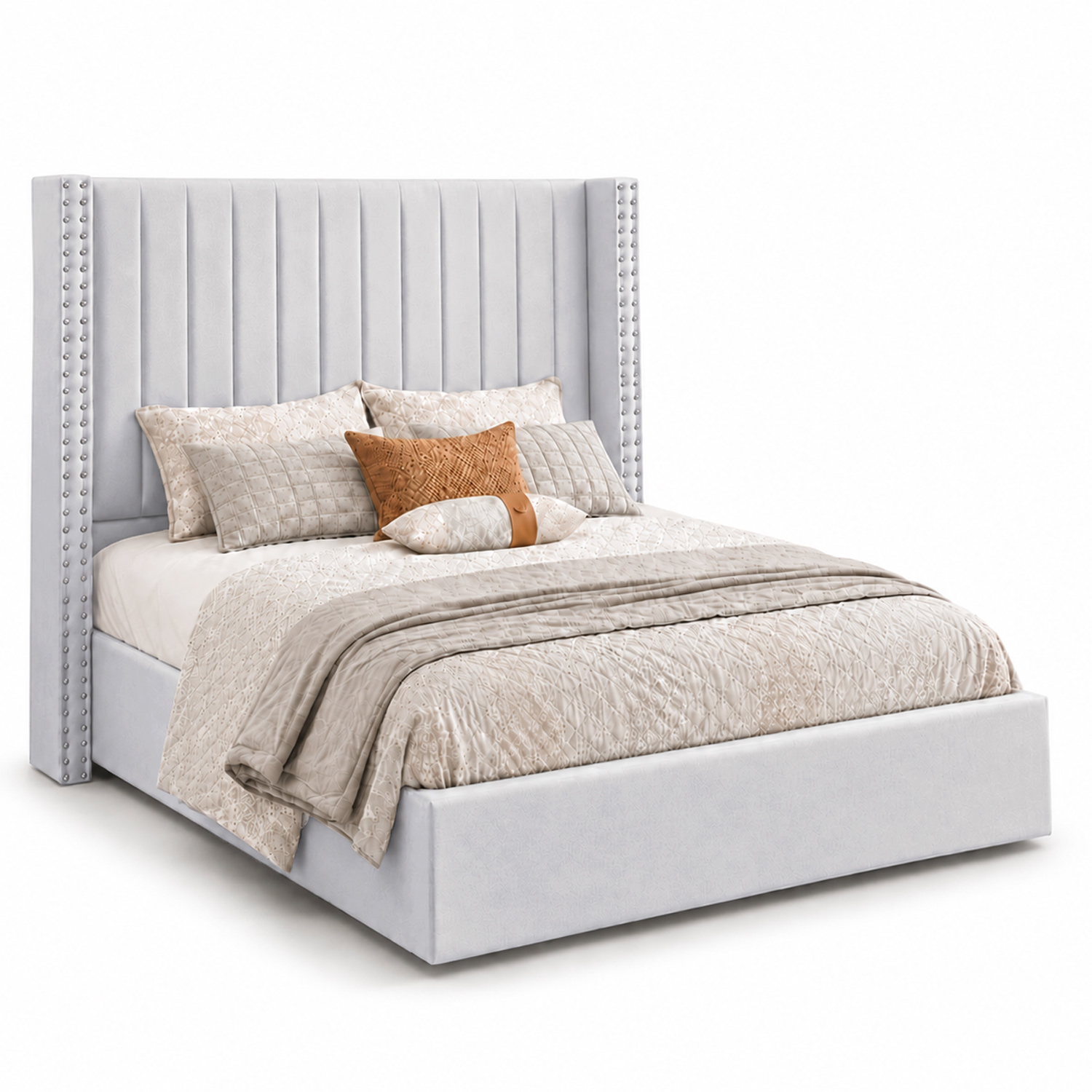 CAMA TAPIZADA LISTÓN CON TACHUELAS LEMUEBLE 2 PLAZAS PLATA - 2