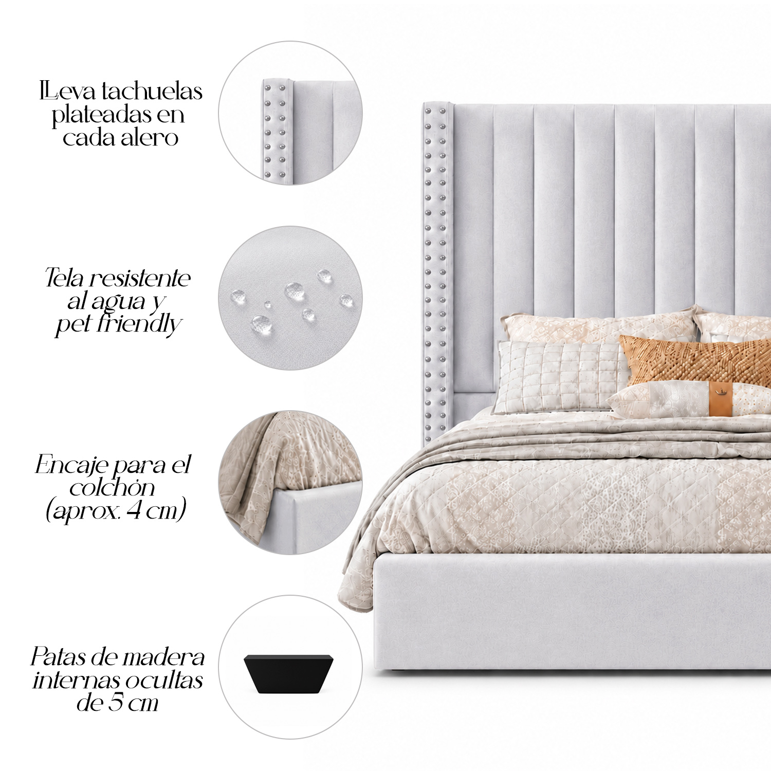 CAMA TAPIZADA LISTÓN CON TACHUELAS LEMUEBLE 2 PLAZAS PLATA - 4