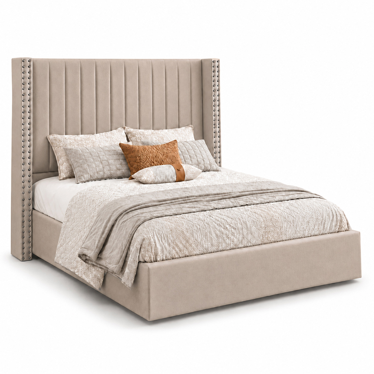 CAMA TAPIZADA LISTÓN CON TACHUELAS LEMUEBLE 2 PLAZAS TRIGO - 2