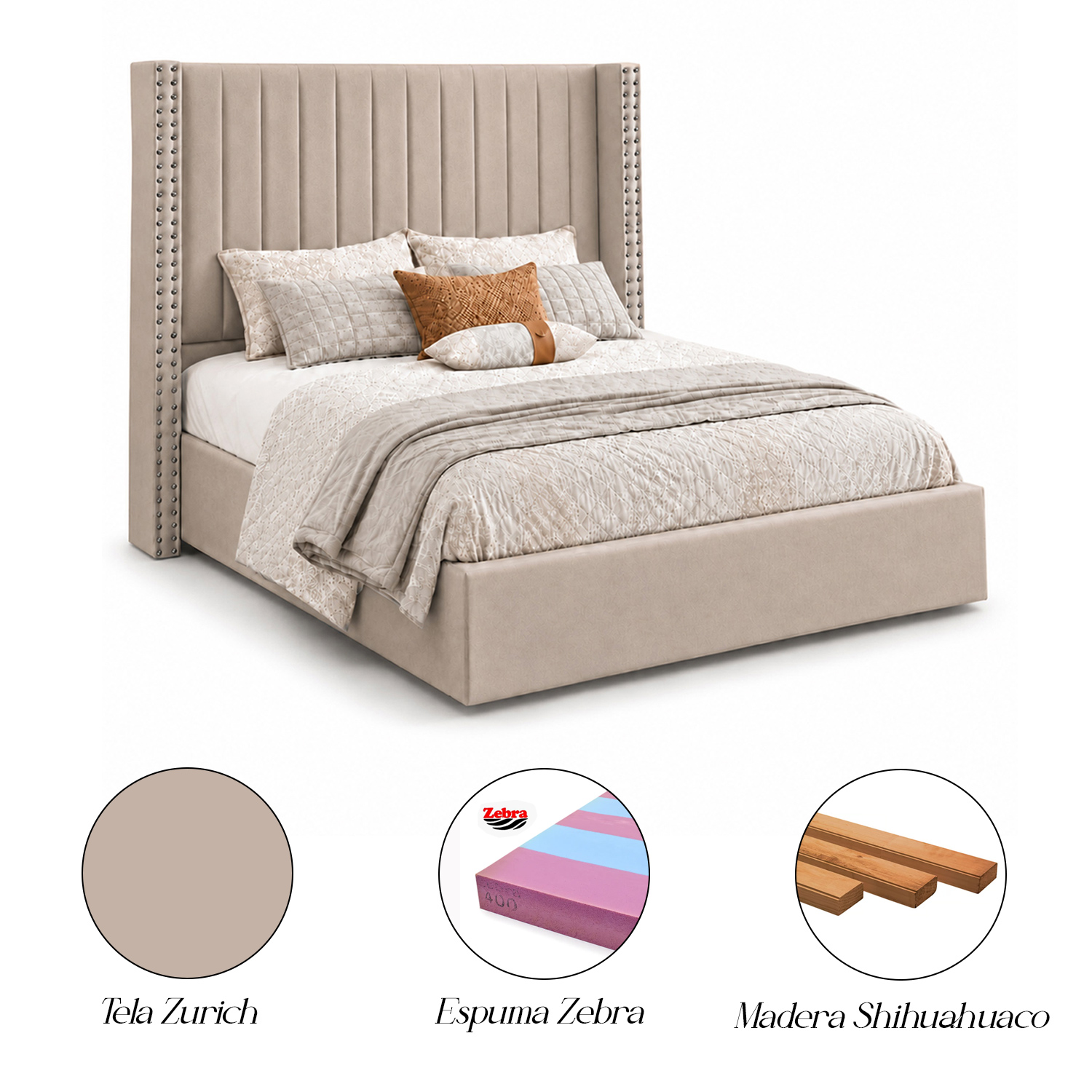 CAMA TAPIZADA LISTÓN CON TACHUELAS LEMUEBLE 2 PLAZAS TRIGO - 5