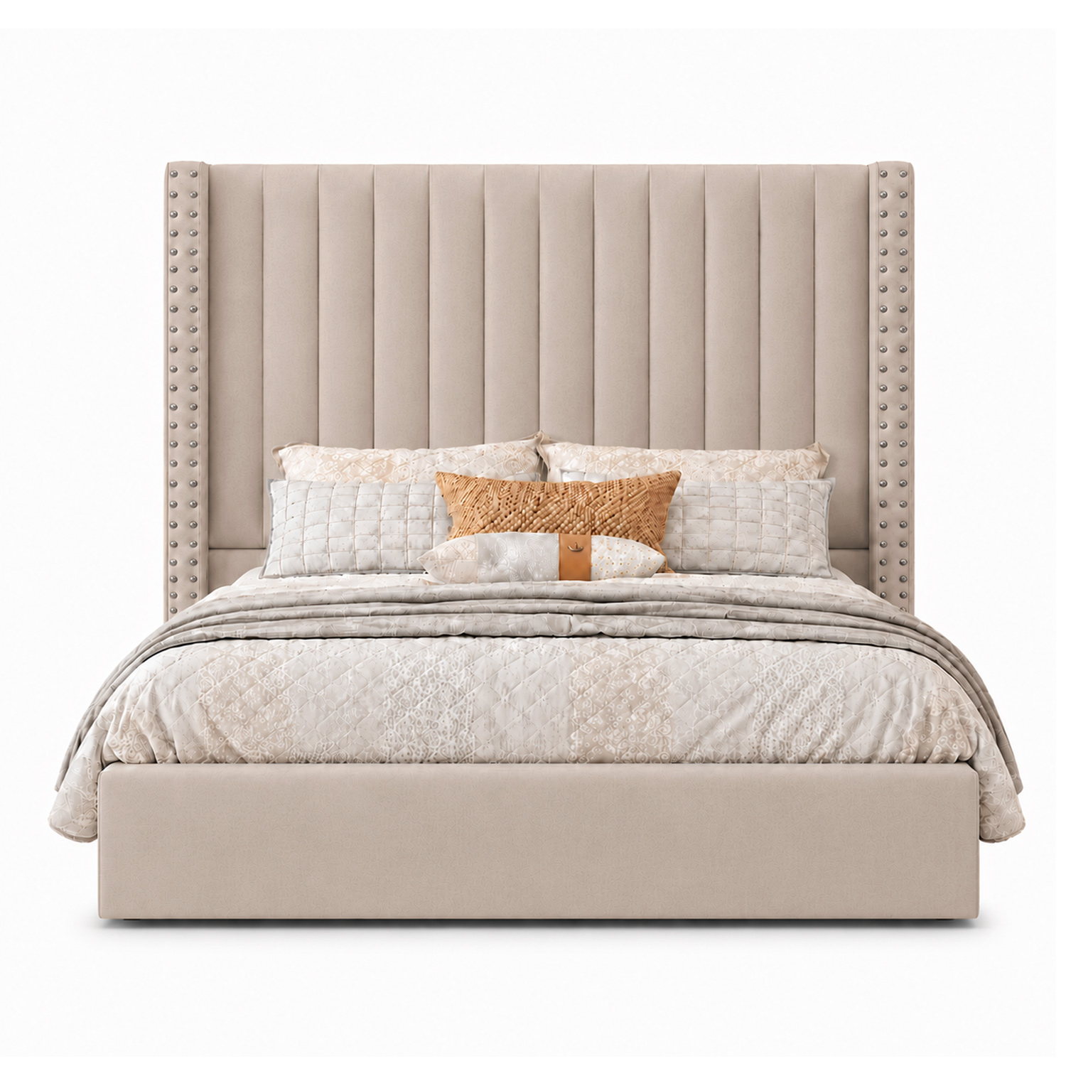 CAMA TAPIZADA LISTÓN CON TACHUELAS LEMUEBLE QUEEN TRIGO - 1