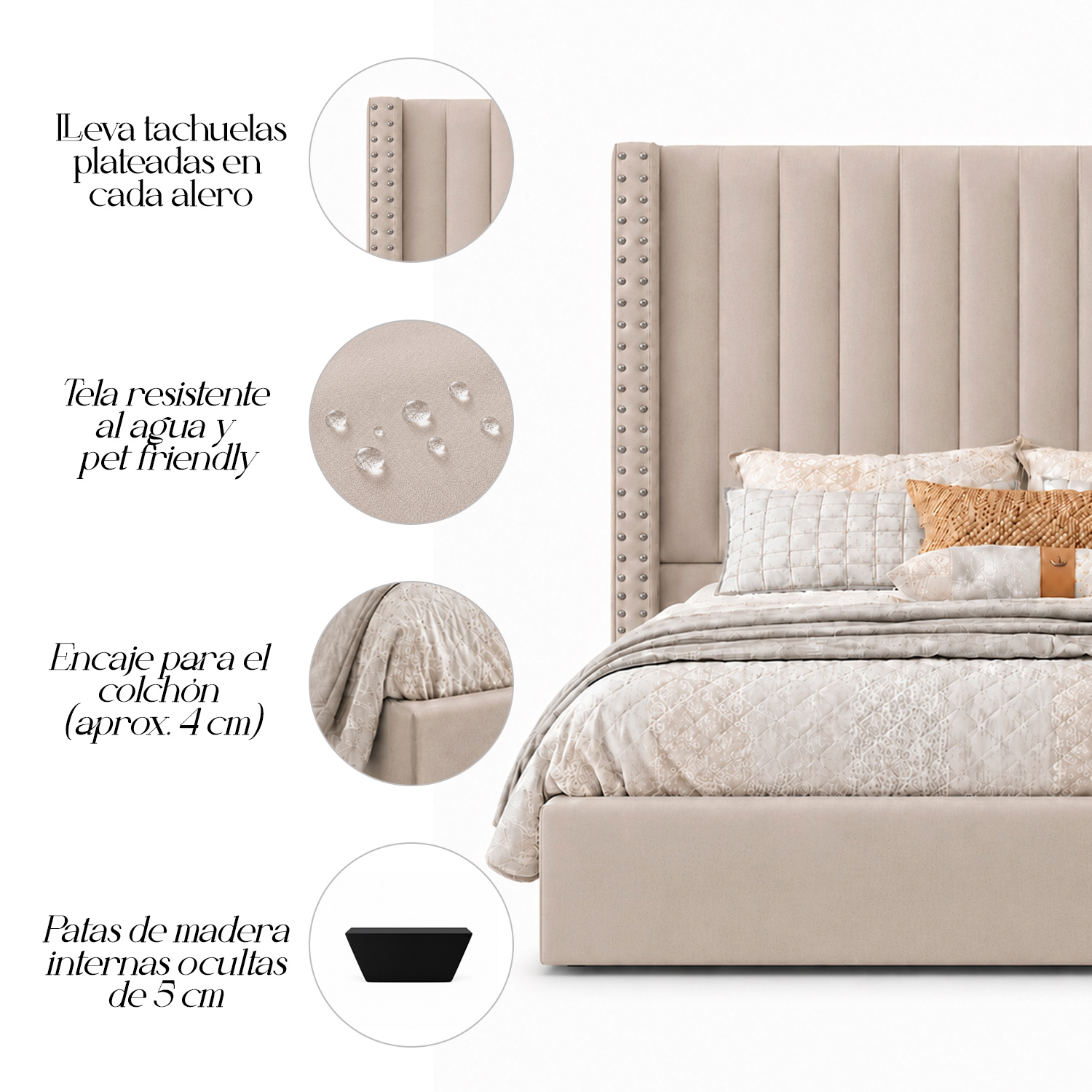CAMA TAPIZADA LISTÓN CON TACHUELAS LEMUEBLE QUEEN TRIGO - 4