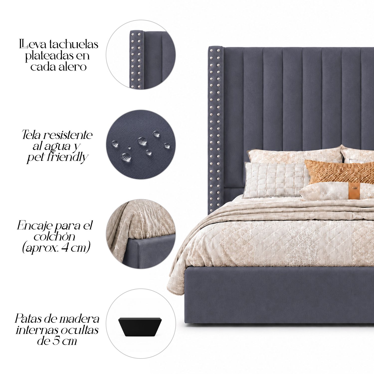 CAMA TAPIZADA LISTÓN CON TACHUELAS LEMUEBLE QUEEN GRIS - 4
