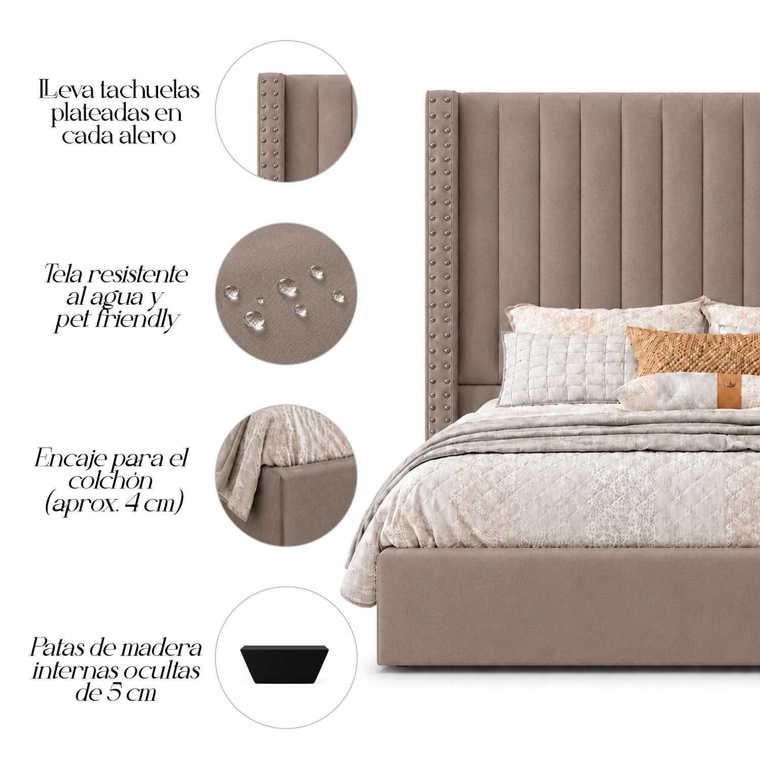 CAMA TAPIZADA LISTÓN CON TACHUELAS LEMUEBLE QUEEN CAMEL - 4