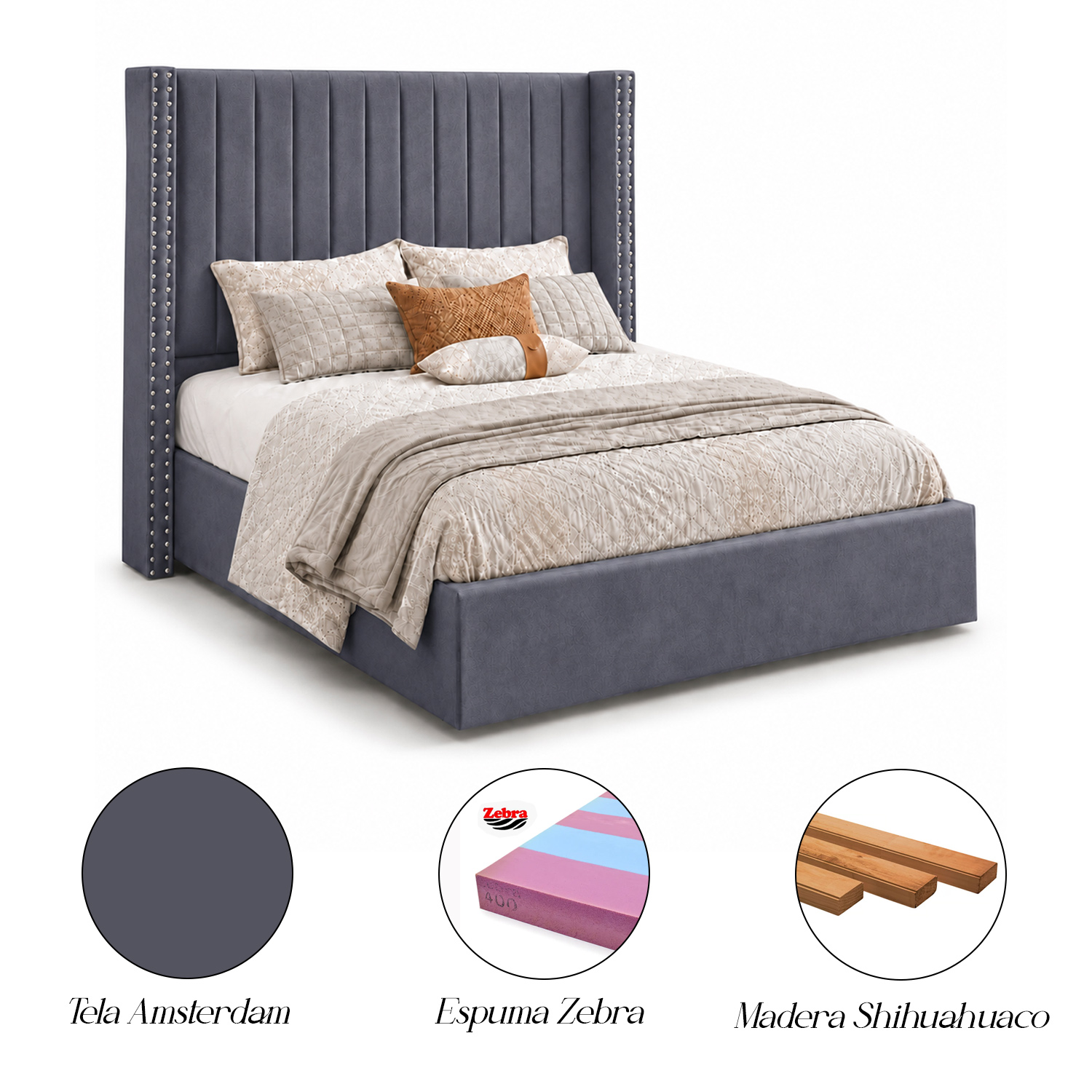 CAMA TAPIZADA LISTÓN CON TACHUELAS LEMUEBLE 2 PLAZAS GRIS - 5