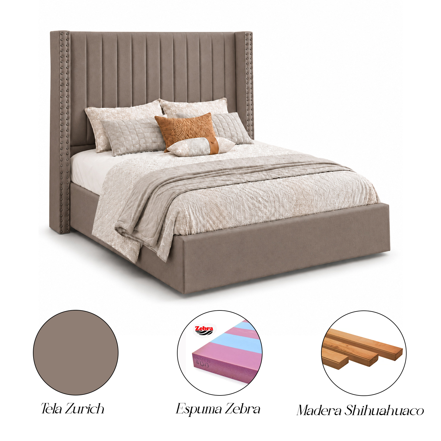 CAMA TAPIZADA LISTÓN CON TACHUELAS LEMUEBLE 2 PLAZAS CAMEL - 5