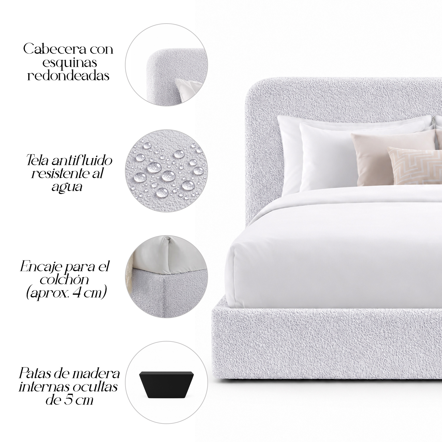 CAMA TAPIZADA CALIFORNIA CURVO PLATA 1.5 PLZ - 4