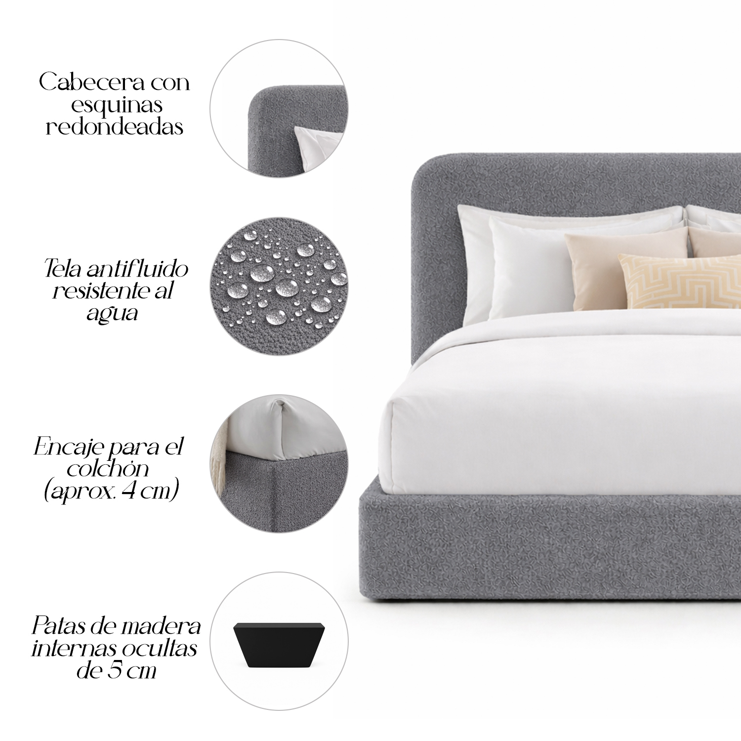 CAMA TAPIZADA CALIFORNIA CURVO GRIS QUEEN - 4