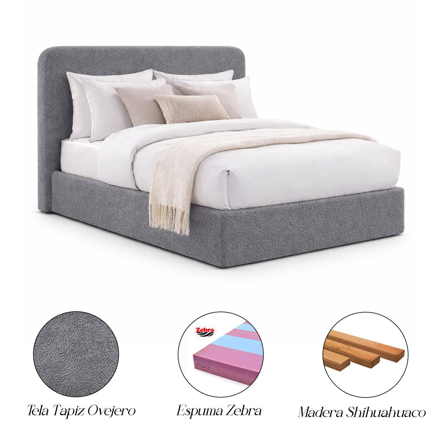 CAMA TAPIZADA CALIFORNIA CURVO GRIS QUEEN - 5