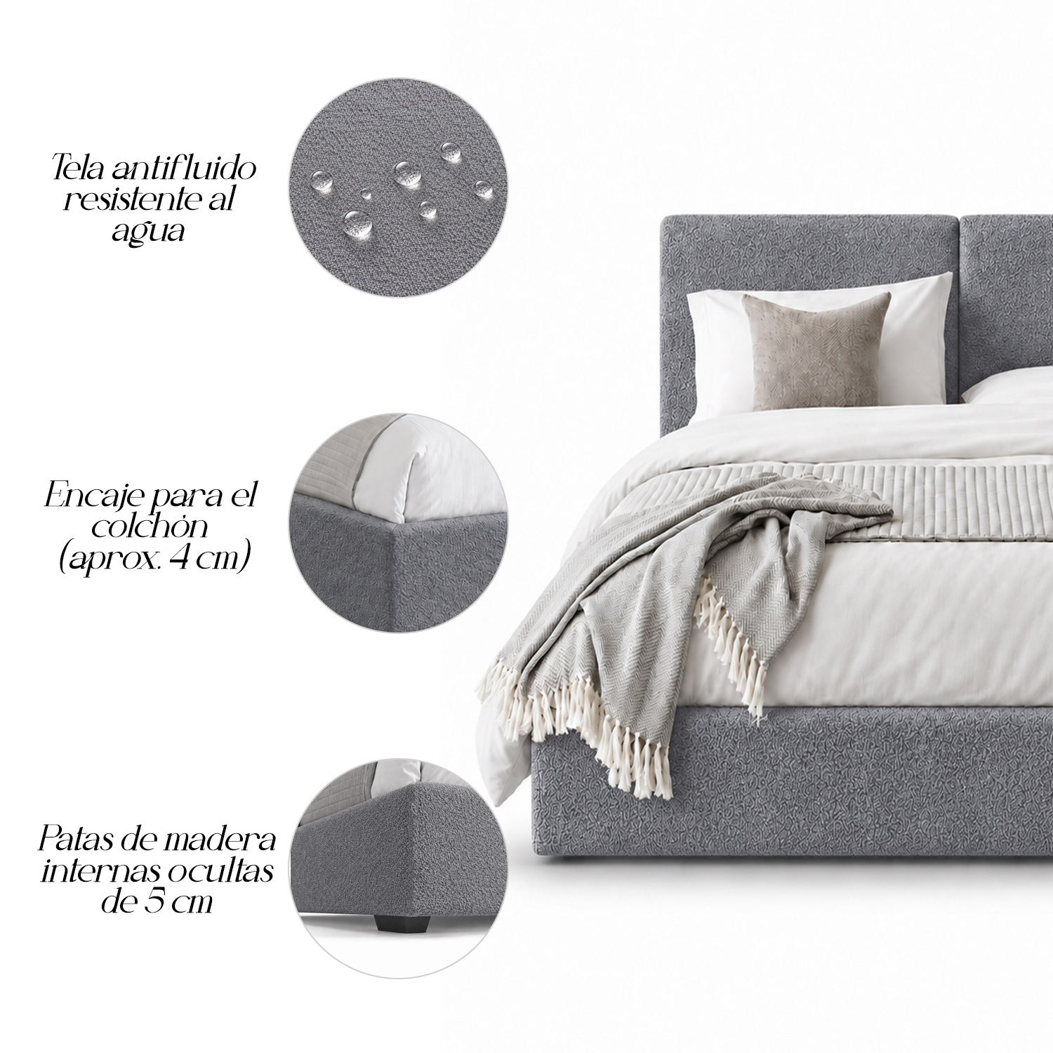 CAMA TAPIZADA CALIFORNIA COZZY GRIS 2 PLAZAS - 6