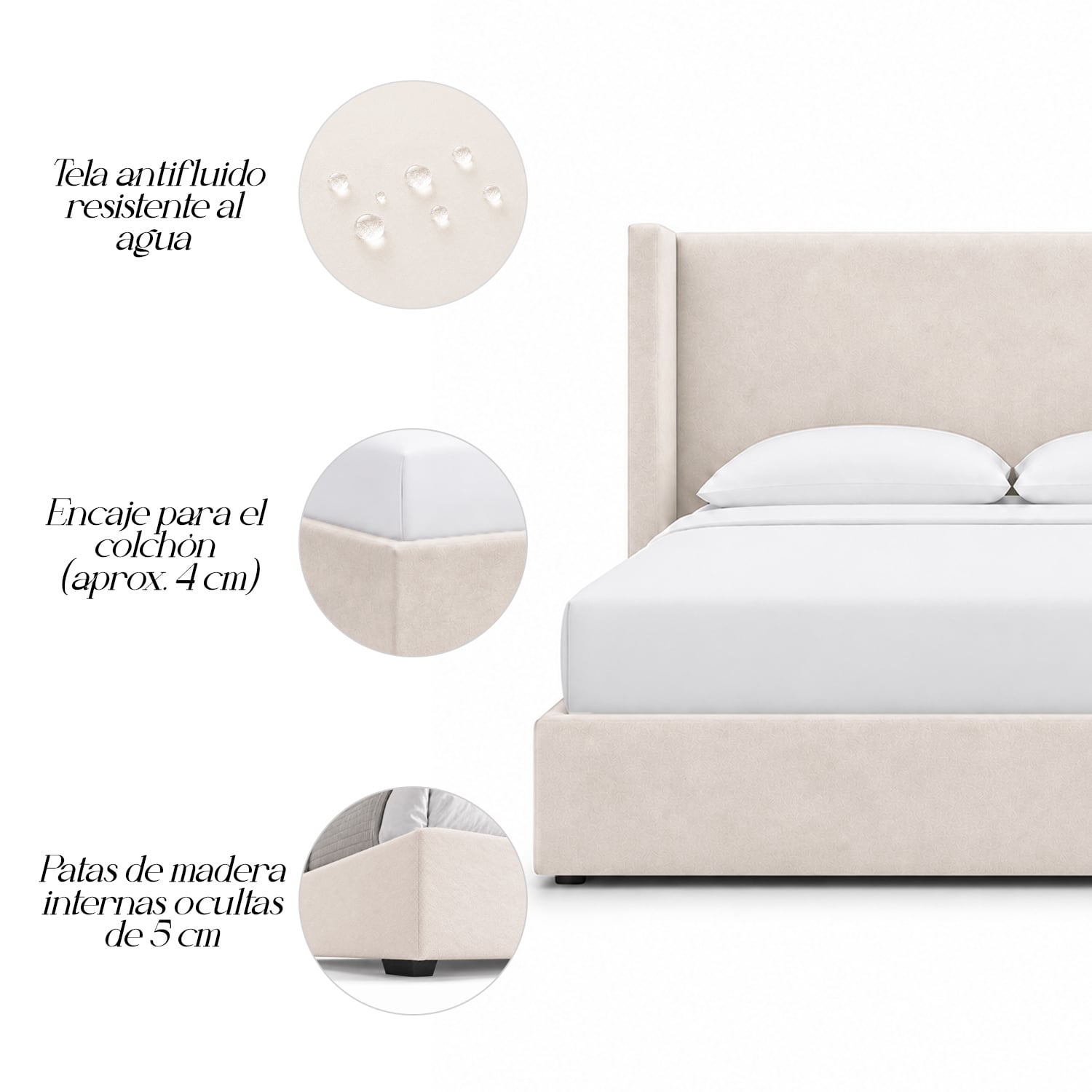 CAMA TAPIZADA LISA NAIA BEIGE QUEEN - 5
