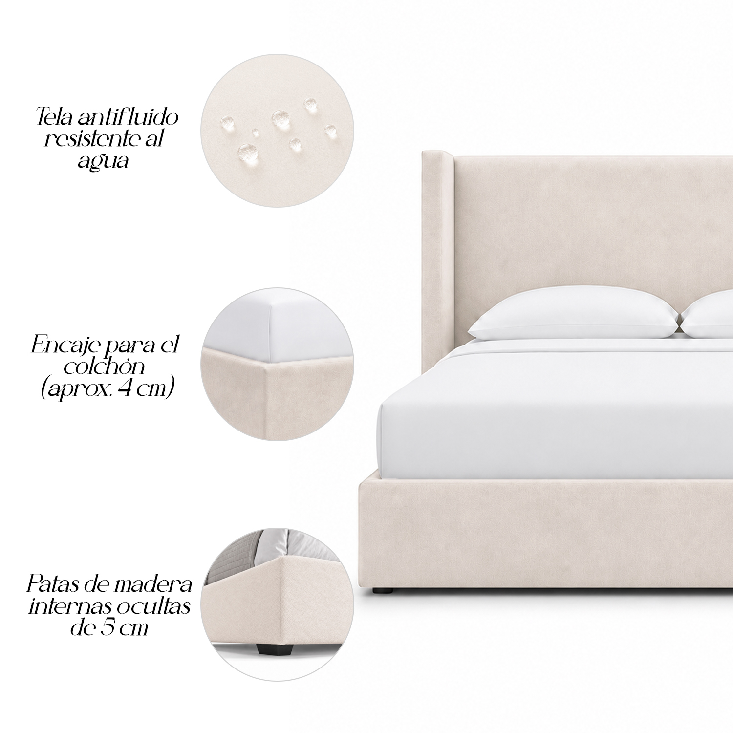 CAMA TAPIZADA LISA NAIA BEIGE 1.5 PLZ - 5