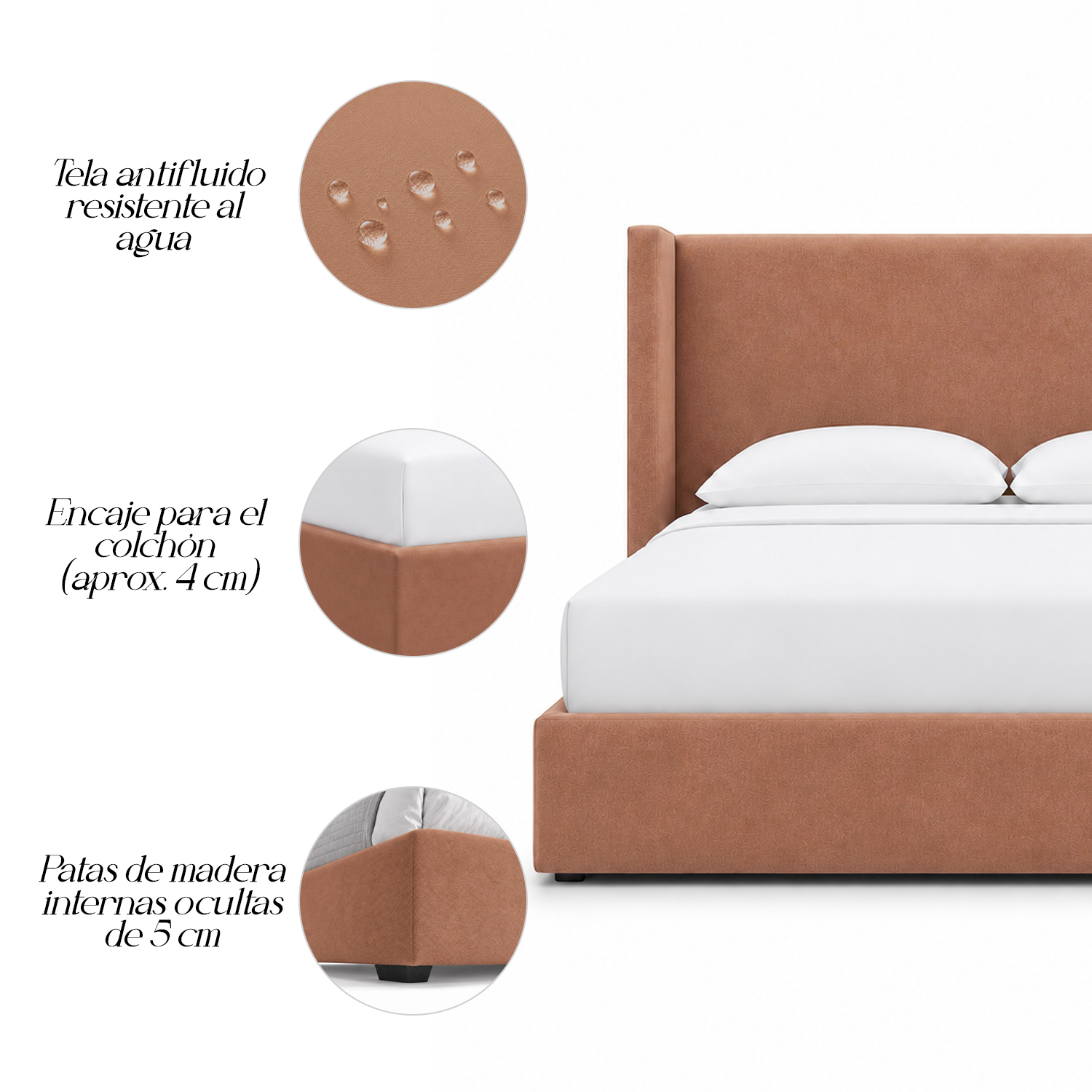 CAMA TAPIZADA LISA NAIA DURAZNO 1.5 PLZ - 5