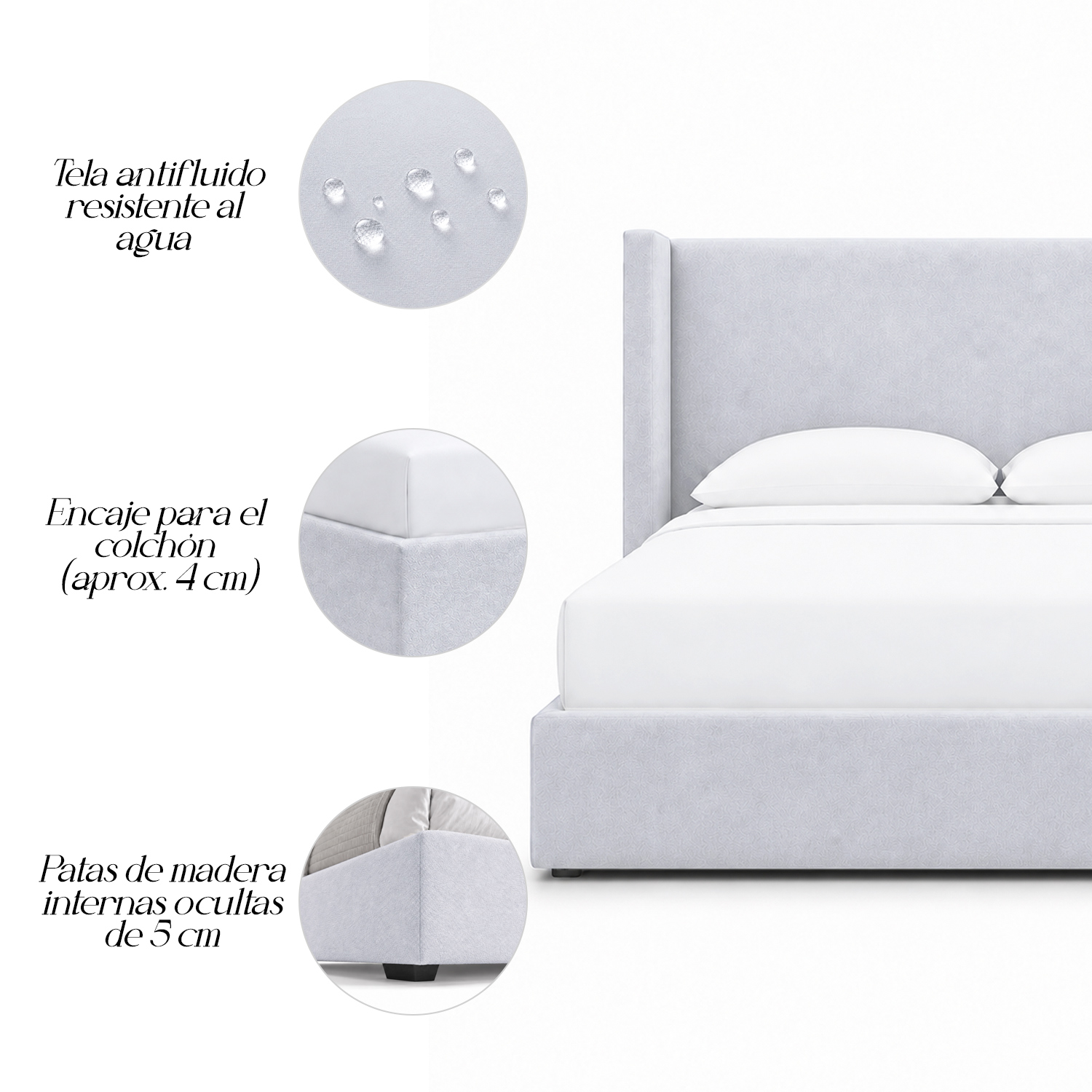 CAMA TAPIZADA LISA NAIA PLATA 1.5 PLZ - 5