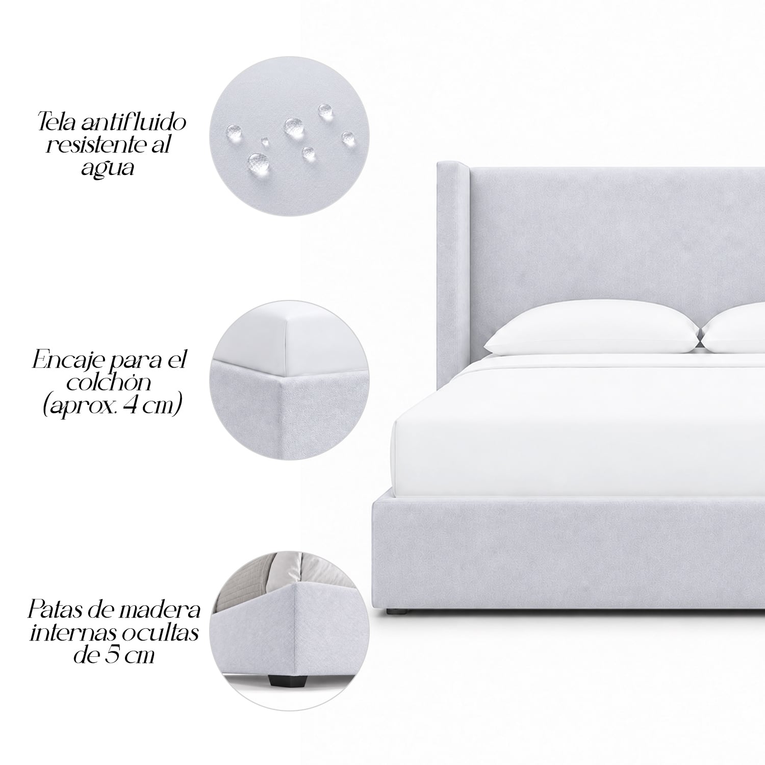 CAMA TAPIZADA LISA NAIA PLATA QUEEN - 5