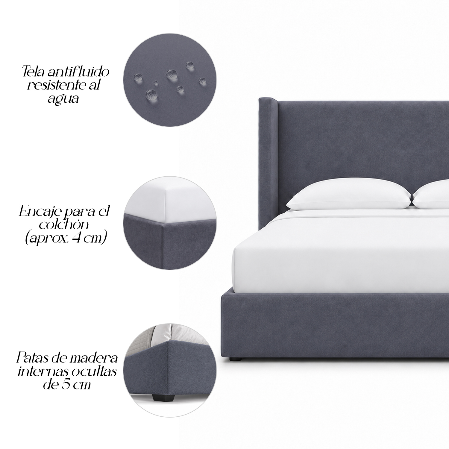 CAMA TAPIZADA LISA NAIA GRIS OSCURO 1.5 PLZ - 5