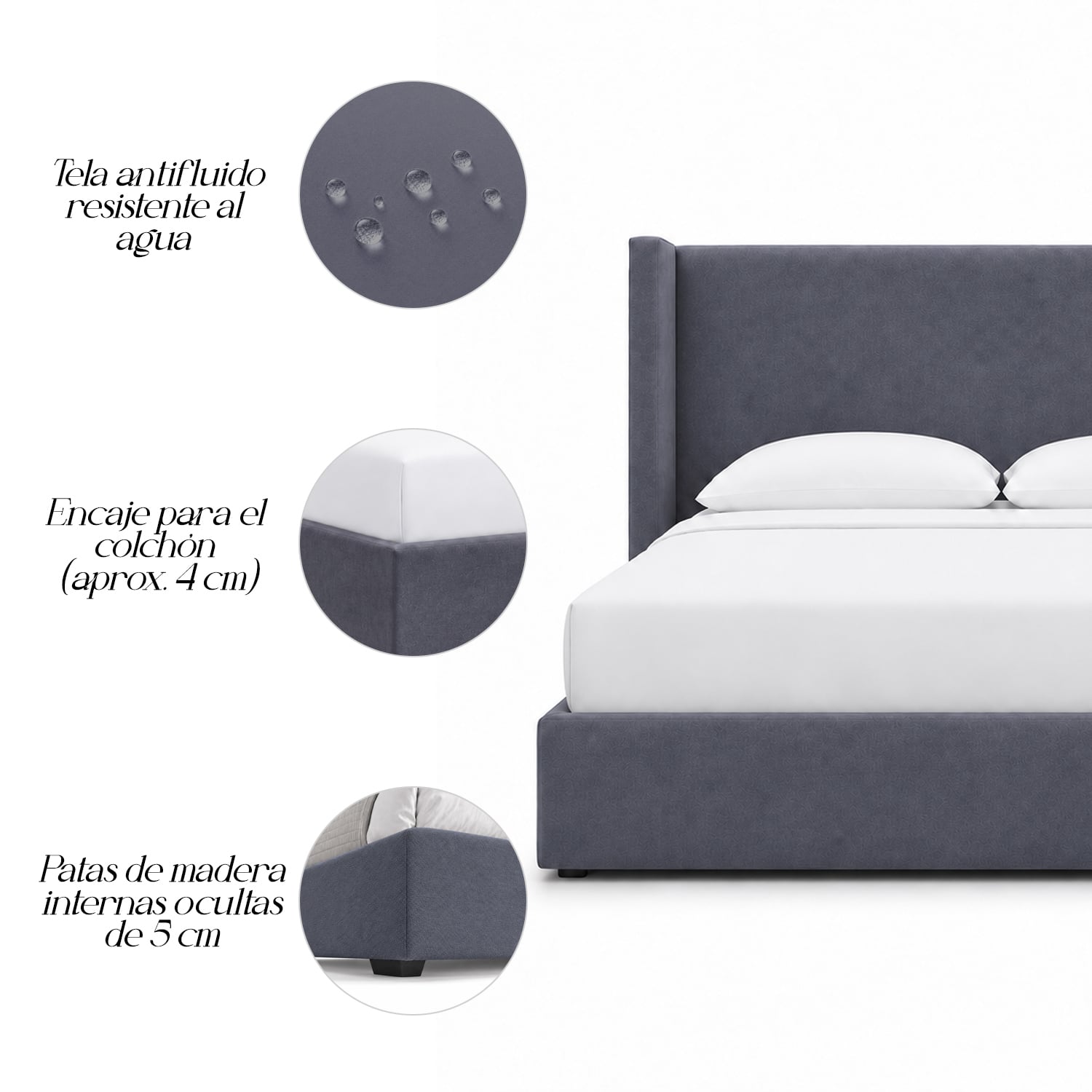 CAMA TAPIZADA LISA NAIA GRIS OSCURO QUEEN - 5
