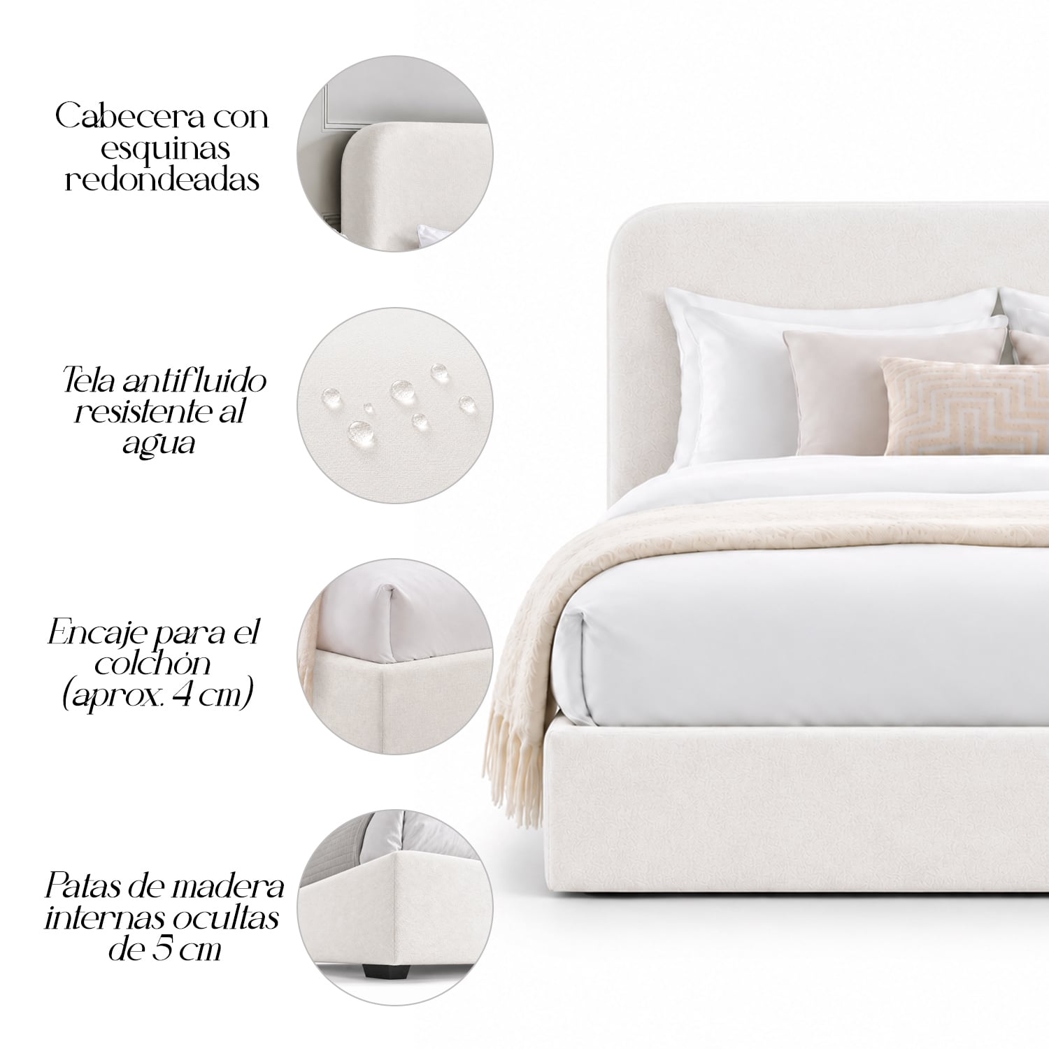 CAMA TAPIZADA LISA GALA CURVO CRUDO 1.5 PLZ - 4