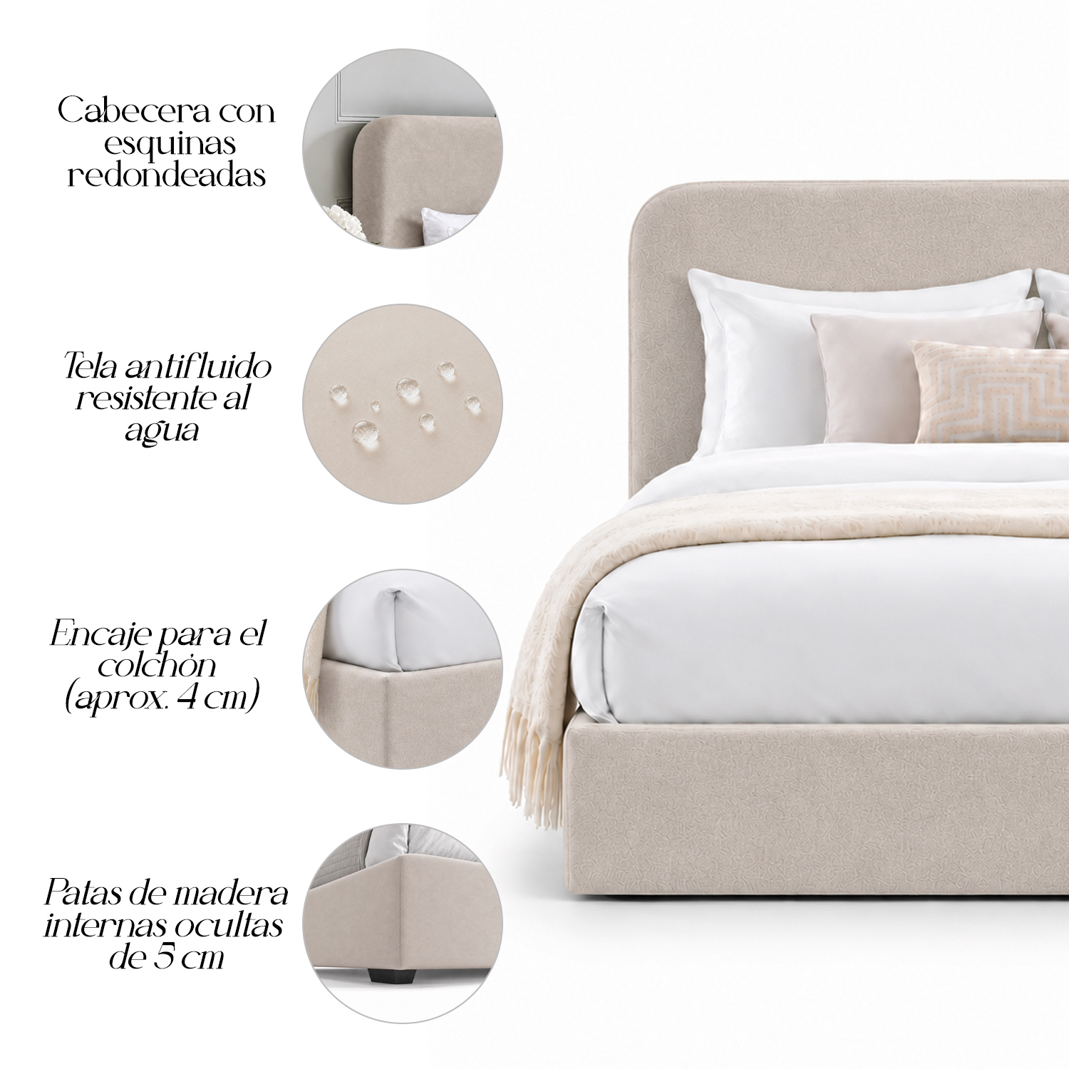 CAMA TAPIZADA LISA GALA CURVO BEIGE 1.5 PLZ - 4