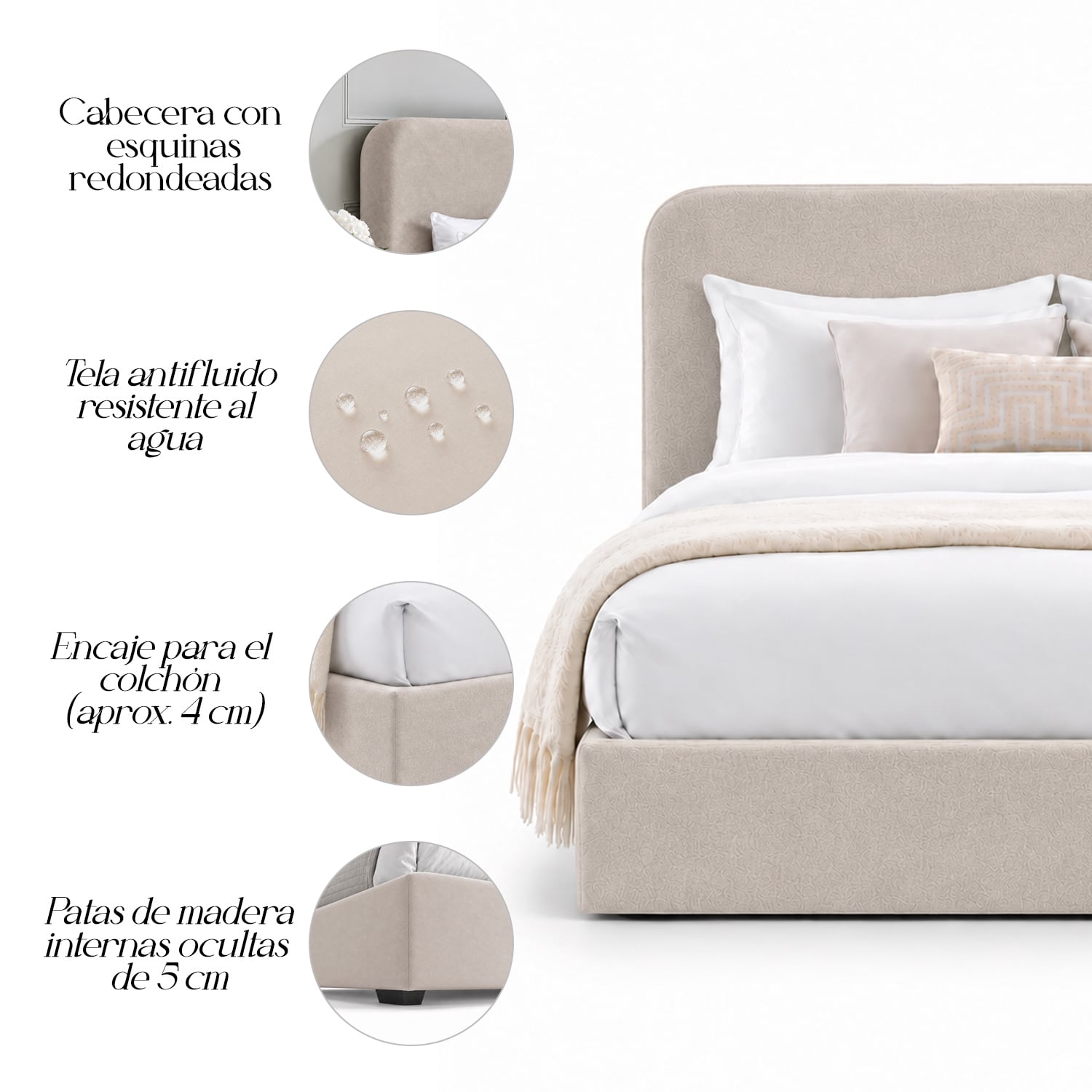 CAMA TAPIZADA LISA GALA CURVO BEIGE QUEEN - 4