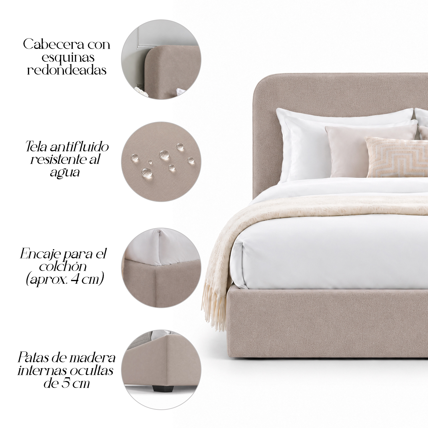 CAMA TAPIZADA LISA GALA CURVO TRIGO 1.5 PLZ - 4