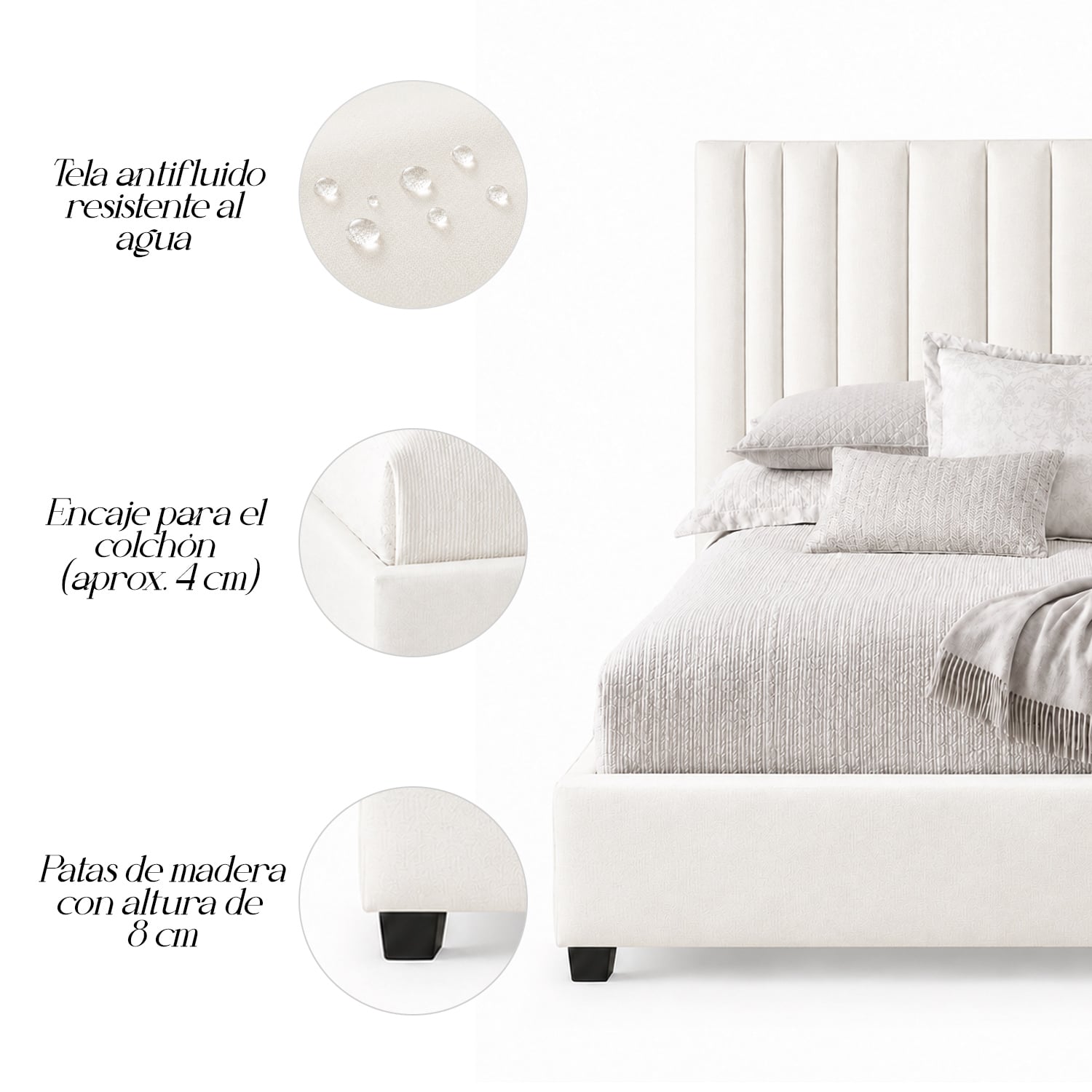 CAMA TAPIZADA LISTÓN ABBA IVORY QUEEN - 4