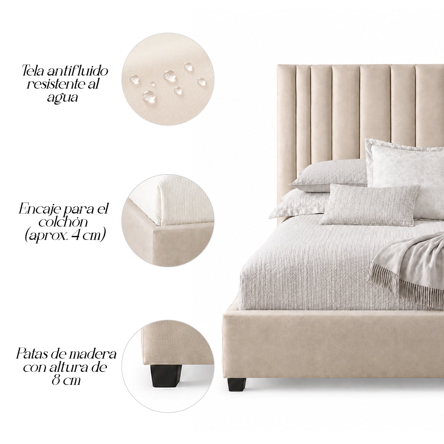 CAMA TAPIZADA LISTÓN ABBA BEIGE QUEEN - 4