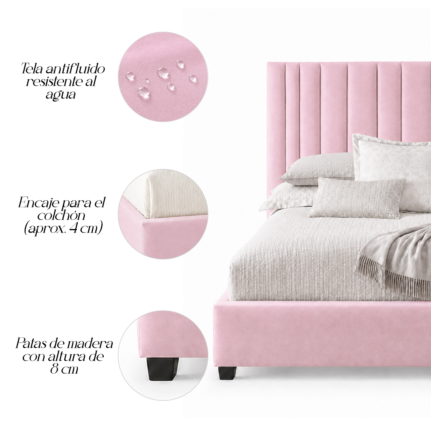 CAMA TAPIZADA LISTÓN ABBA PALO ROSA 1.5 PLZ - 4
