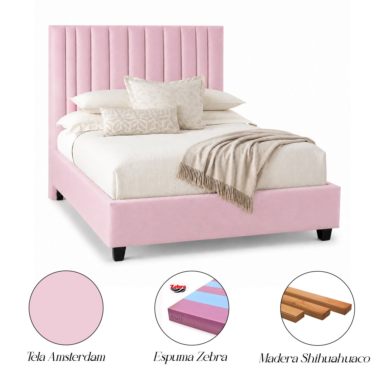 CAMA TAPIZADA LISTÓN ABBA PALO ROSA 1.5 PLZ - 5