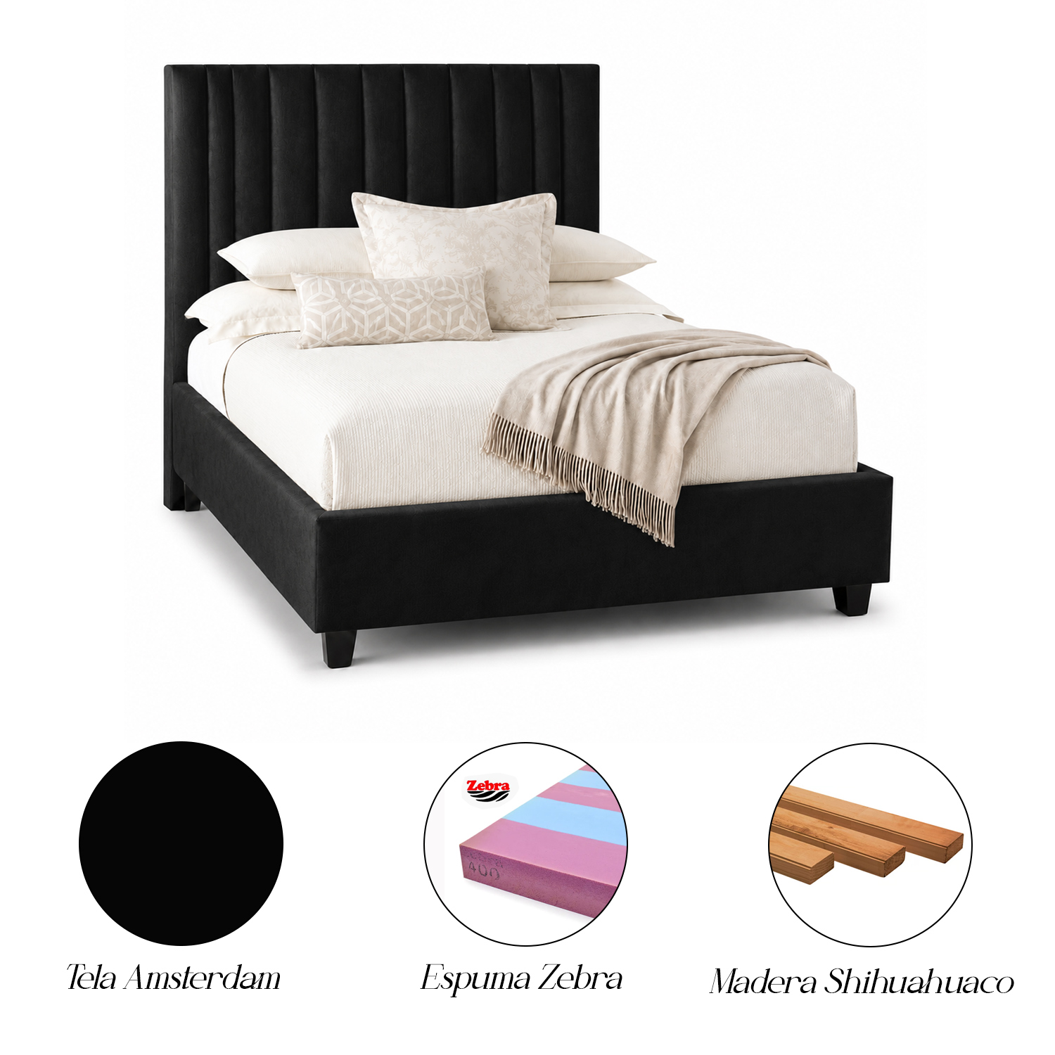 CAMA TAPIZADA LISTÓN ABBA NEGRO QUEEN - 4