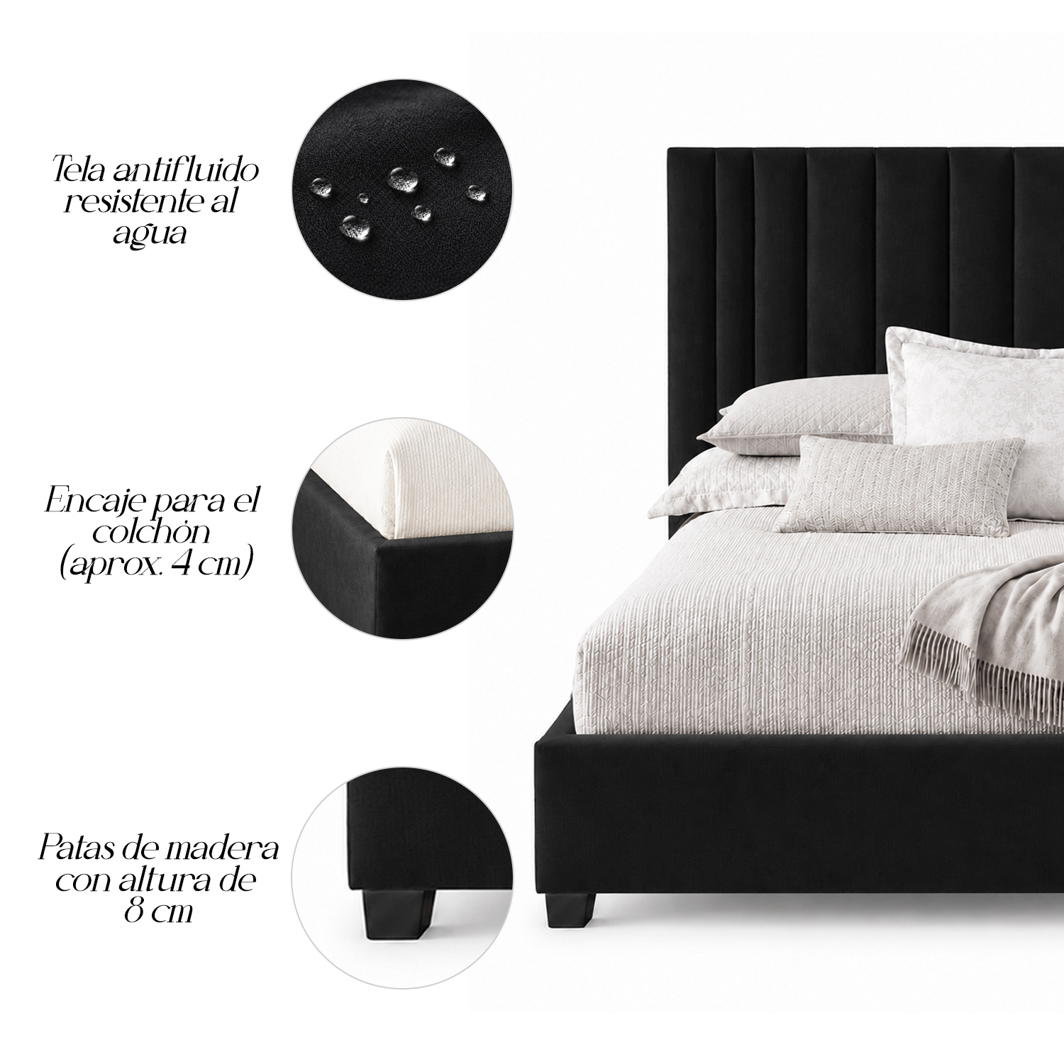 CAMA TAPIZADA LISTÓN ABBA NEGRO QUEEN - 5