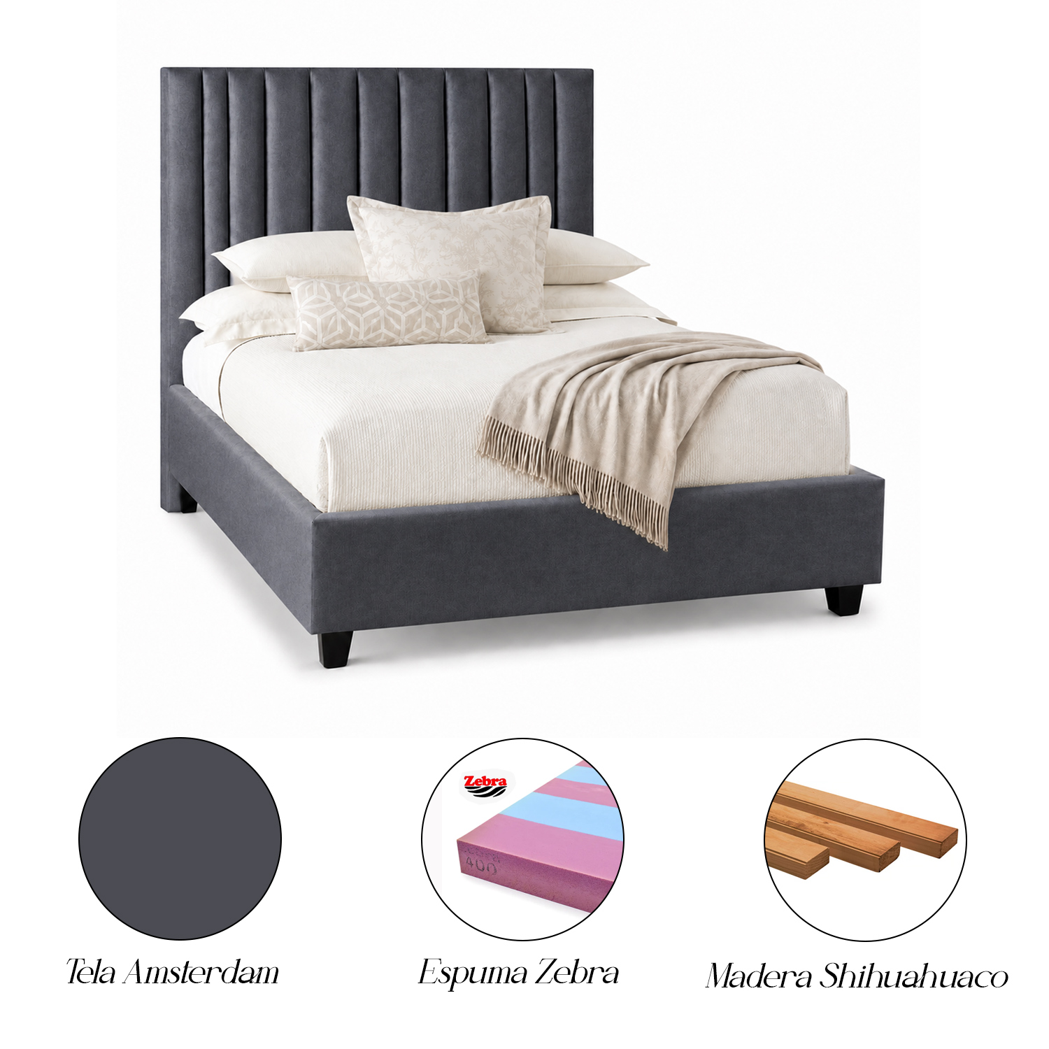 CAMA TAPIZADA LISTÓN ABBA GRIS OSCURO 1.5 PLZ - 5