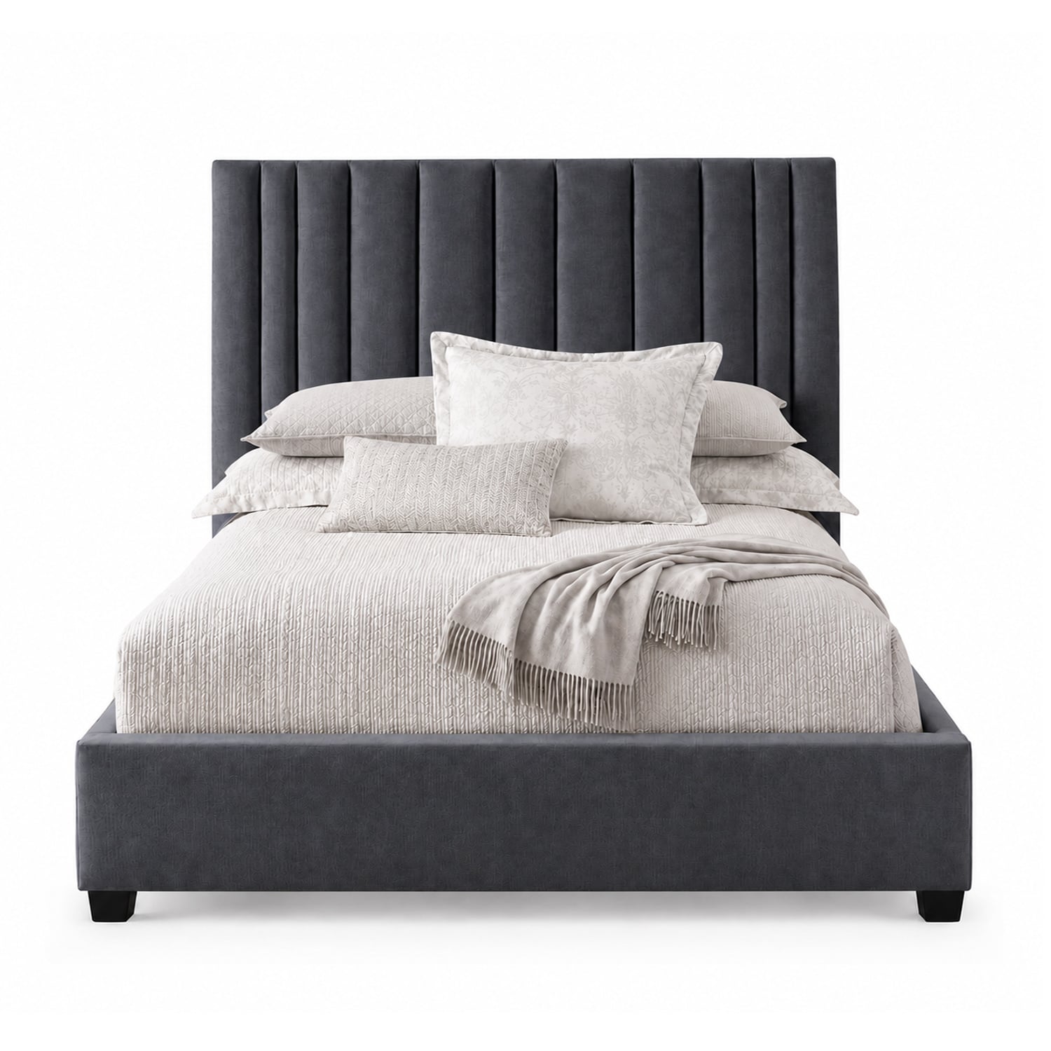 CAMA TAPIZADA LISTÓN ABBA GRIS OSCURO QUEEN - 1